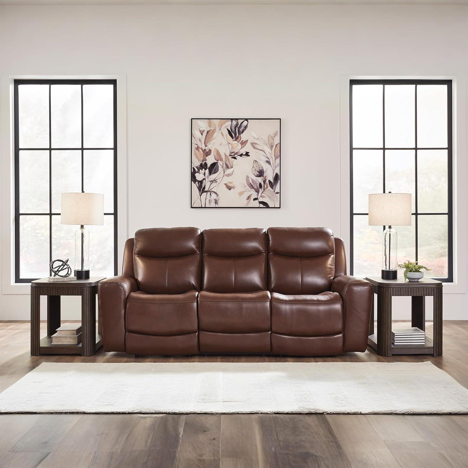 imageSignature Design by Ashley Mighty Moves Transitional Leather Match Power Reclining Sofa with Adjustable Headrest and USB Charging Port Dark Brown
