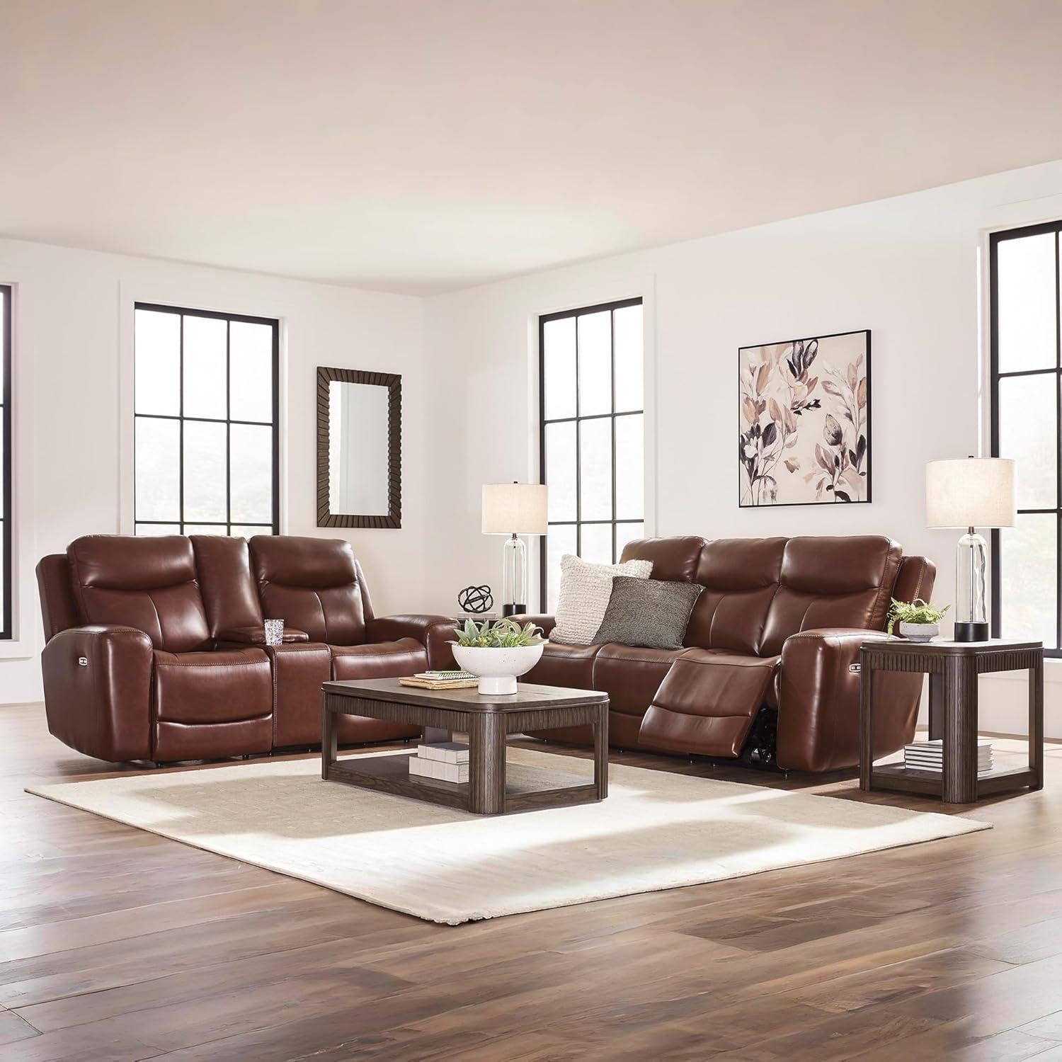 imageSignature Design by Ashley Mighty Moves Transitional Leather Match Power Reclining Sofa with Adjustable Headrest and USB Charging Port Dark Brown
