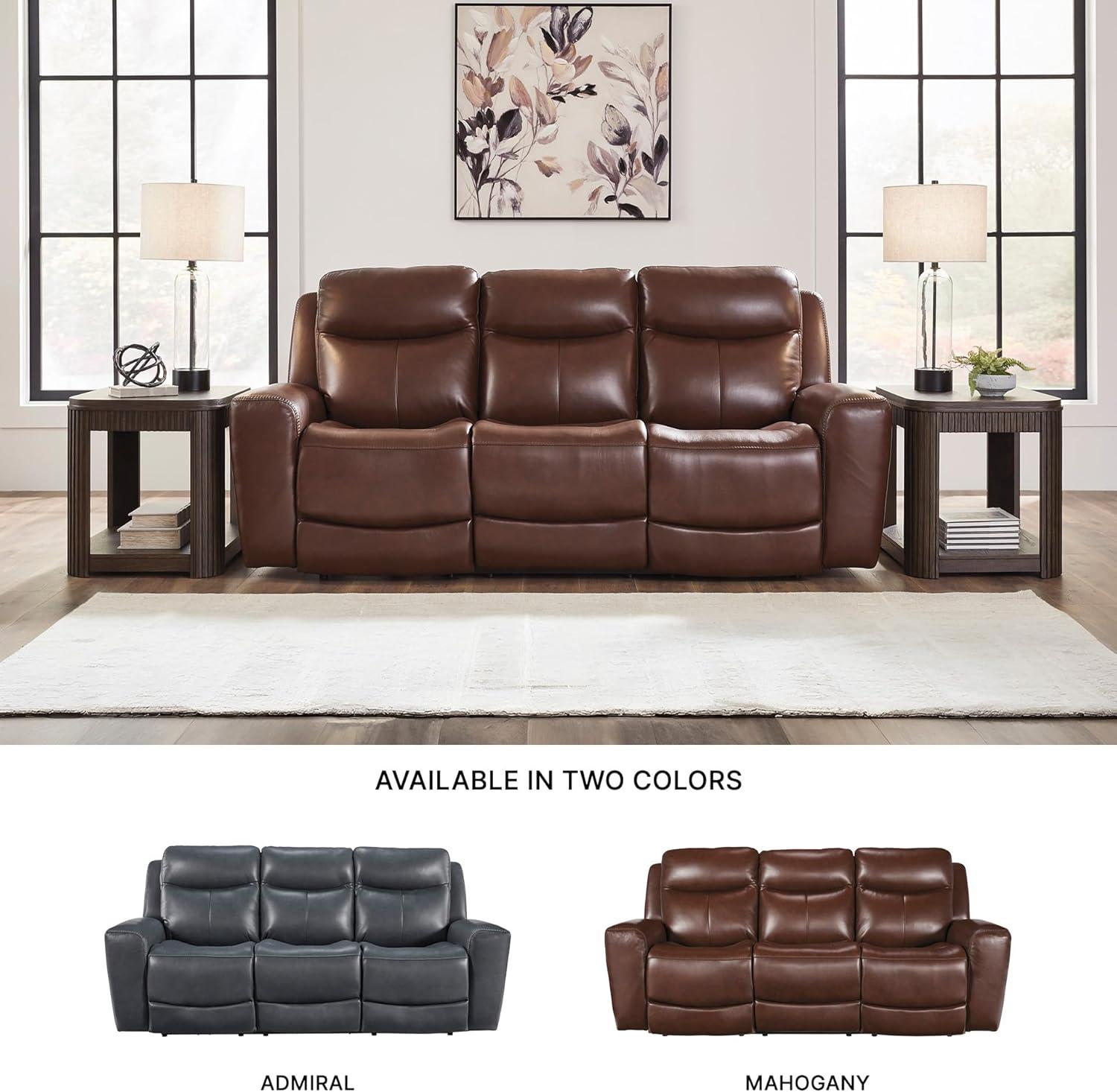 imageSignature Design by Ashley Mighty Moves Transitional Leather Match Power Reclining Sofa with Adjustable Headrest and USB Charging Port Dark Brown