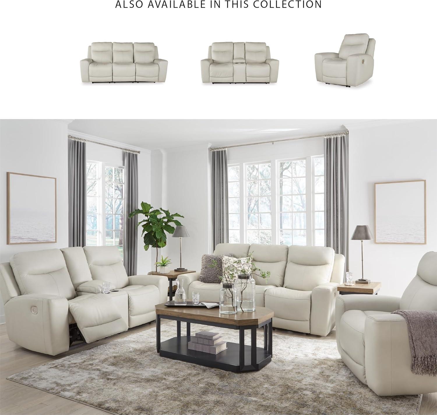 imageSignature Design by Ashley Mindanao Contemporary Power Reclining Sofa with Adjustable Headrest and ZeroDraw USB Charging Leather 21 Seat Height Off White