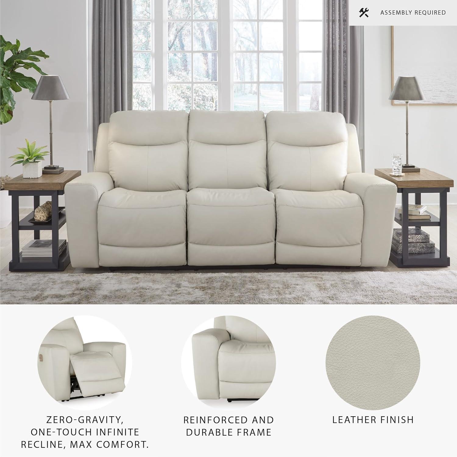 imageSignature Design by Ashley Mindanao Contemporary Power Reclining Sofa with Adjustable Headrest and ZeroDraw USB Charging Leather 21 Seat Height Off White