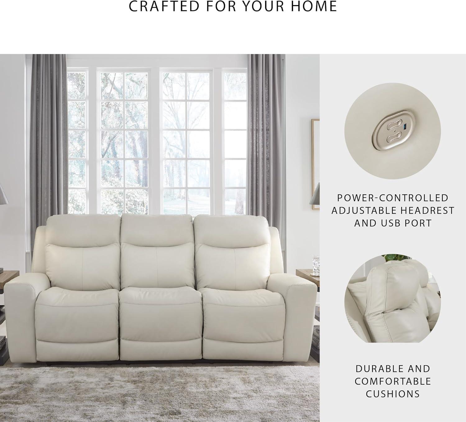 imageSignature Design by Ashley Mindanao Contemporary Power Reclining Sofa with Adjustable Headrest and ZeroDraw USB Charging Leather 21 Seat Height Off White