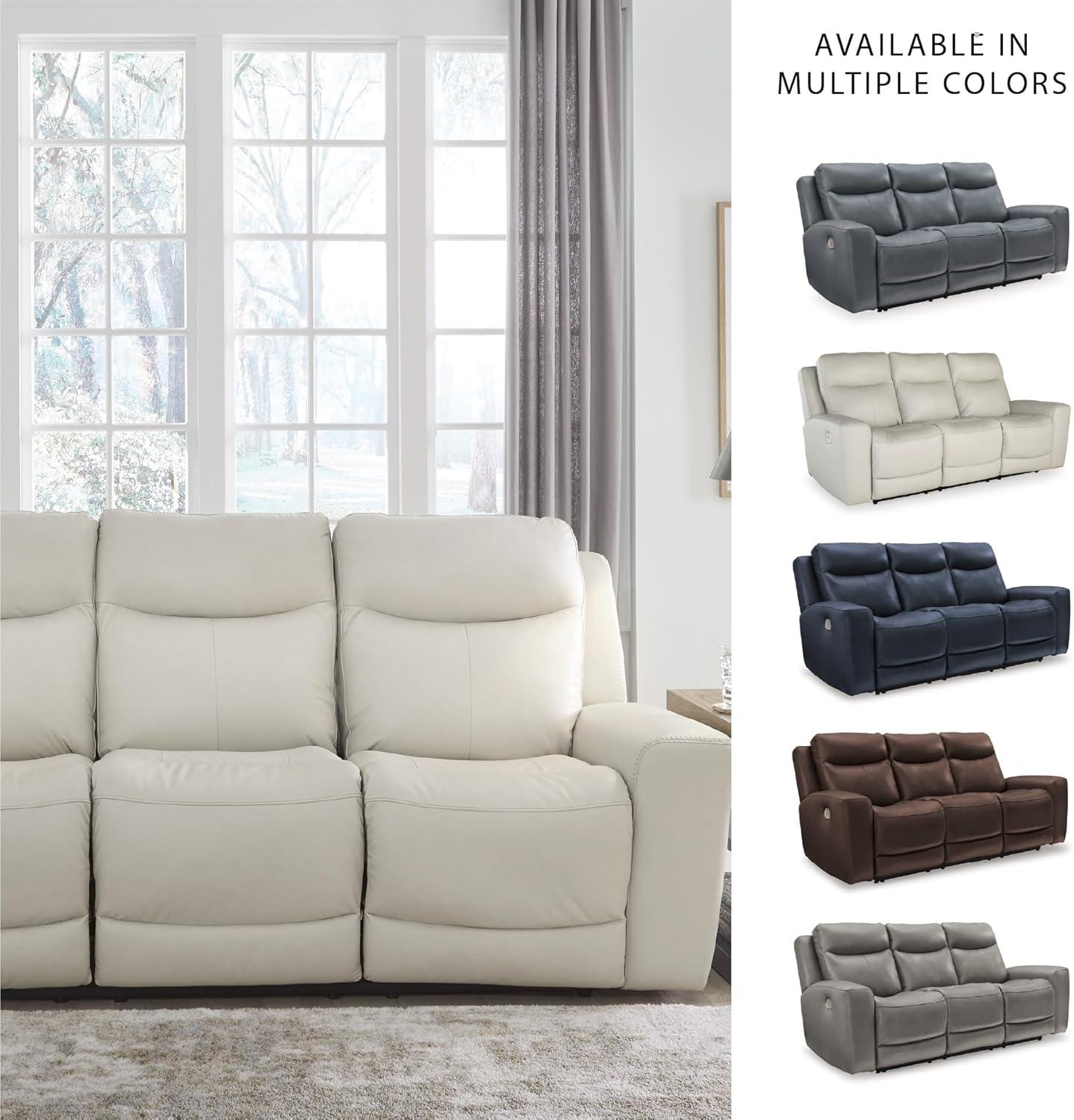 imageSignature Design by Ashley Mindanao Contemporary Power Reclining Sofa with Adjustable Headrest and ZeroDraw USB Charging Leather 21 Seat Height Off White