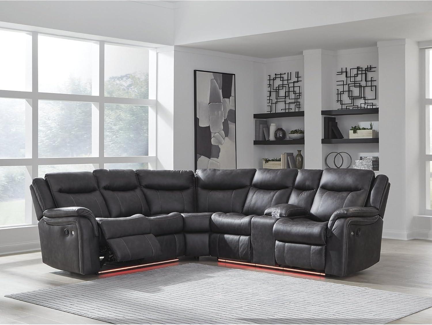 imageSignature Design by Ashley Perarrygin LShape LeftArm Facing Casual Faux Leather 2Piece Reclining Sectional with Console and LED Lighting Black