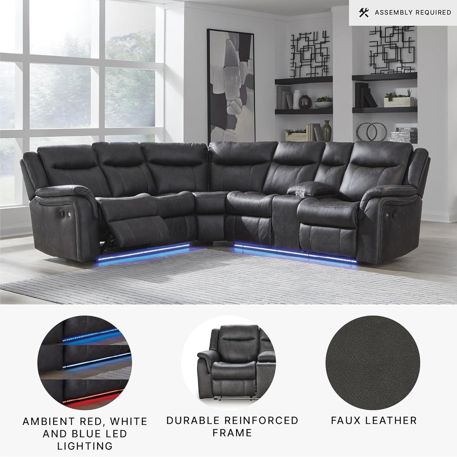 imageSignature Design by Ashley Perarrygin LShape LeftArm Facing Casual Faux Leather 2Piece Reclining Sectional with Console and LED Lighting Black