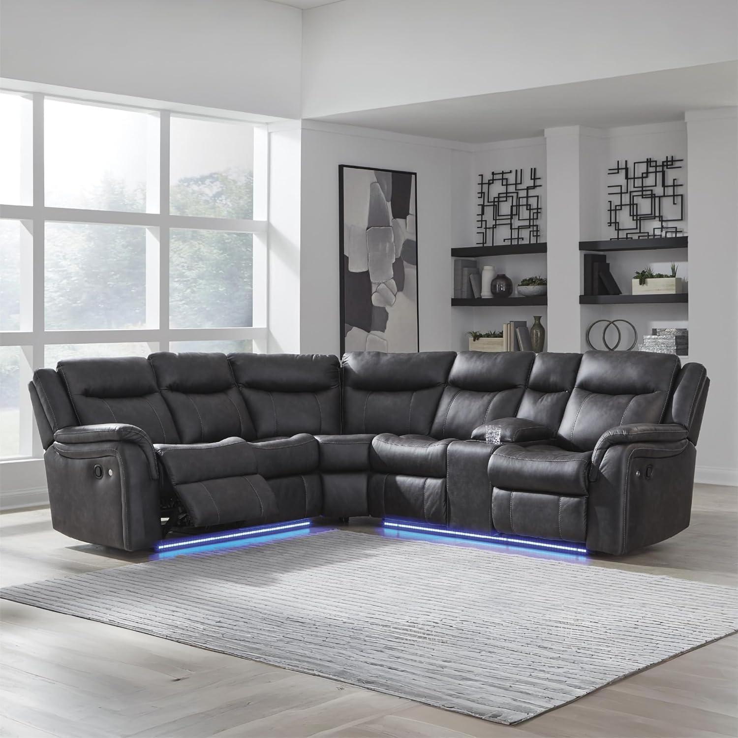 imageSignature Design by Ashley Perarrygin LShape LeftArm Facing Casual Faux Leather 2Piece Reclining Sectional with Console and LED Lighting Black