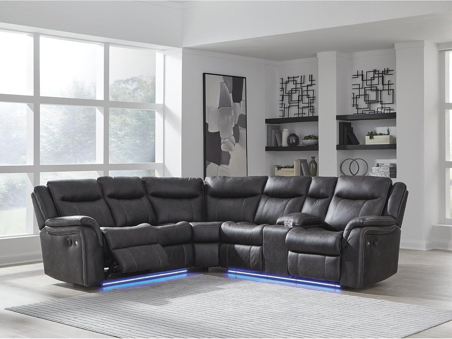 imageSignature Design by Ashley Perarrygin LShape LeftArm Facing Casual Faux Leather 2Piece Reclining Sectional with Console and LED Lighting Black