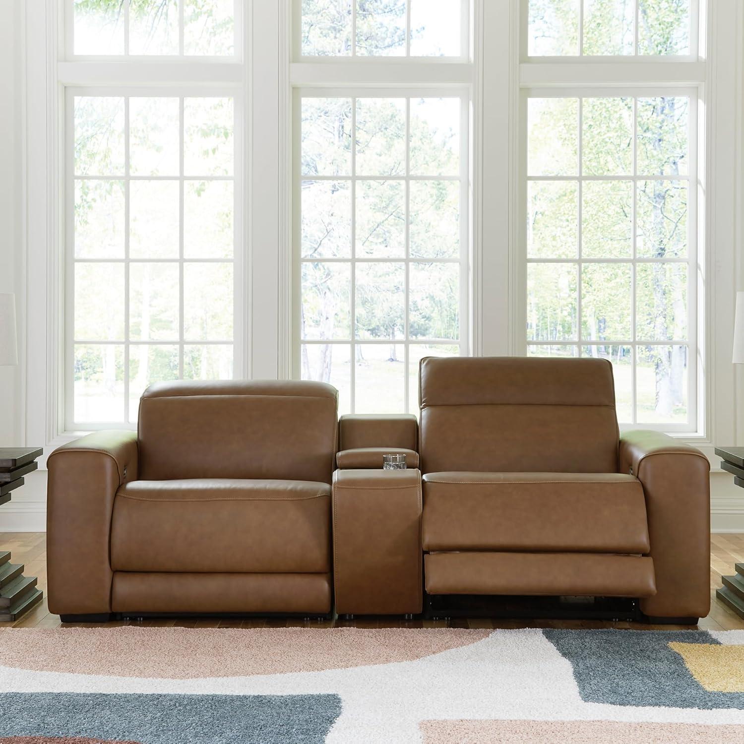 imageSignature Design by Ashley RallyUp Straight Glam Leather Match 2Piece Power Reclining Sectional Loveseat with Console and Adjustable Headrest Dark Brown