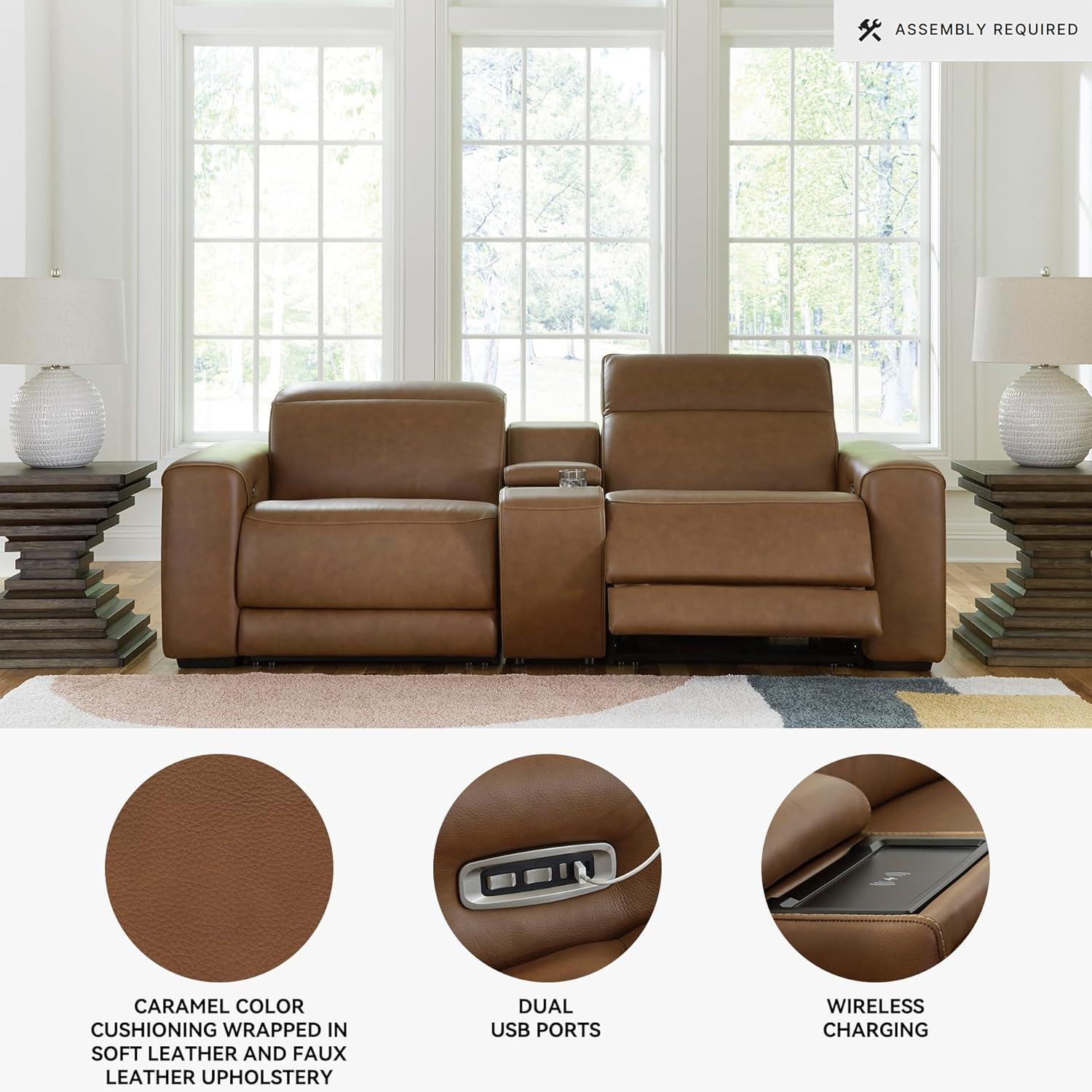 imageSignature Design by Ashley RallyUp Straight Glam Leather Match 2Piece Power Reclining Sectional Loveseat with Console and Adjustable Headrest Dark Brown