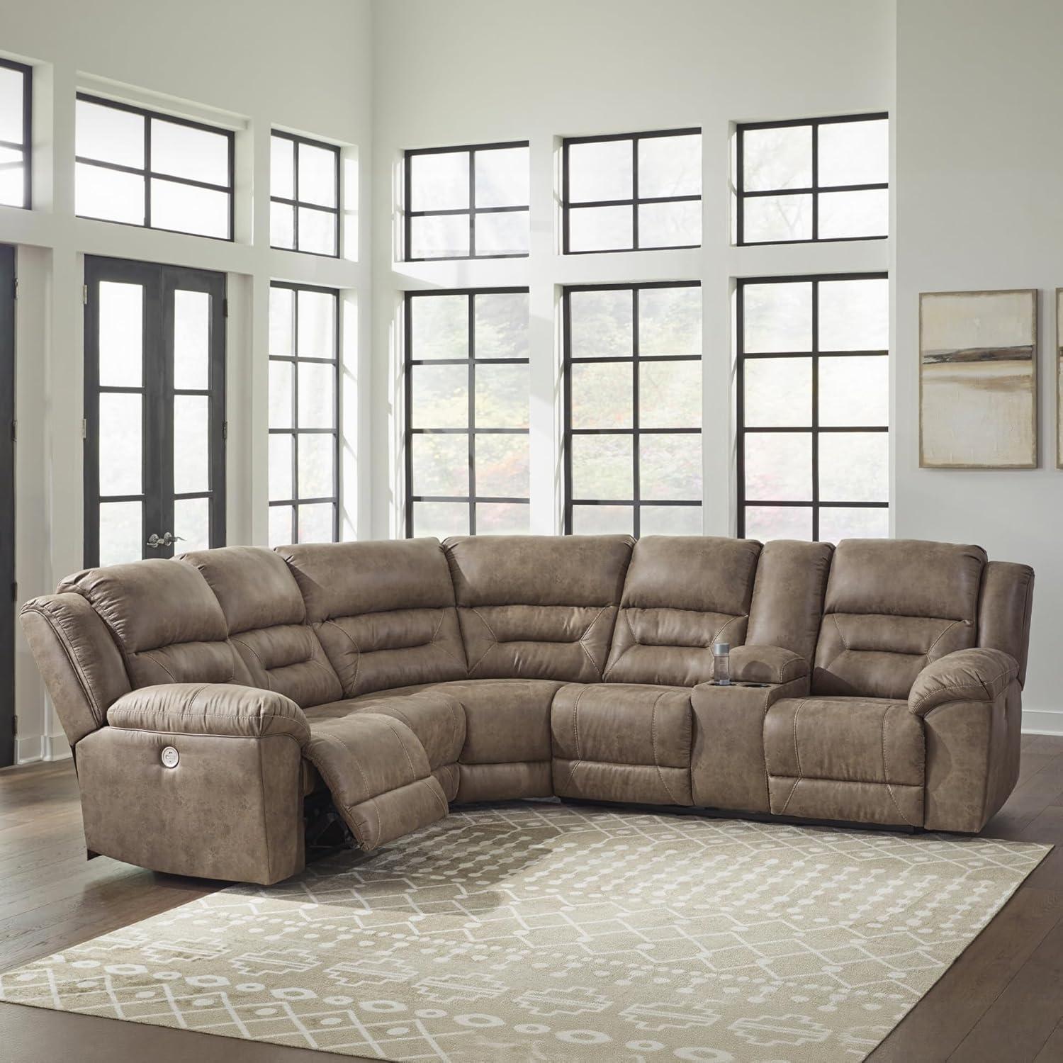 imageSignature Design by Ashley Ravenel Contemporary Faux Leather LeftArm Facing 3Piece Power Reclining Sectional with Armrest Storage and USB Port Dark Brown