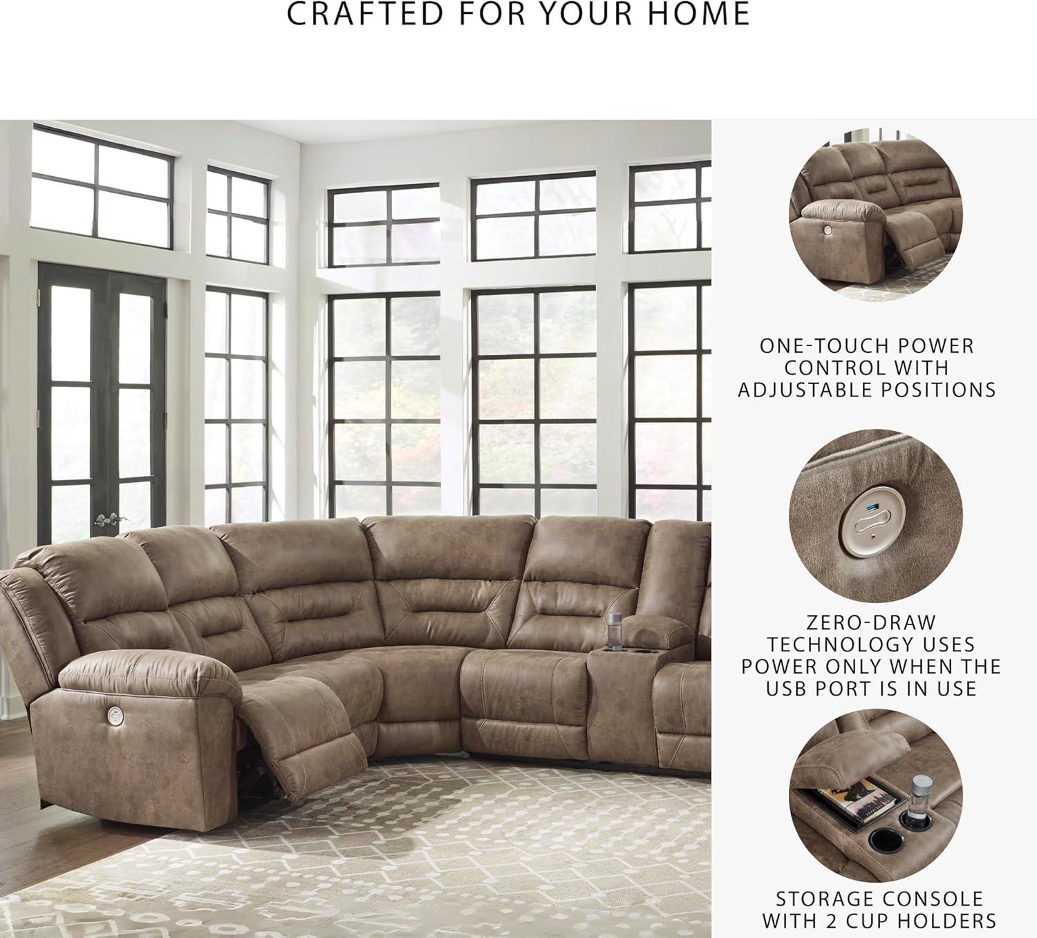 imageSignature Design by Ashley Ravenel Contemporary Faux Leather LeftArm Facing 3Piece Power Reclining Sectional with Armrest Storage and USB Port Dark Brown