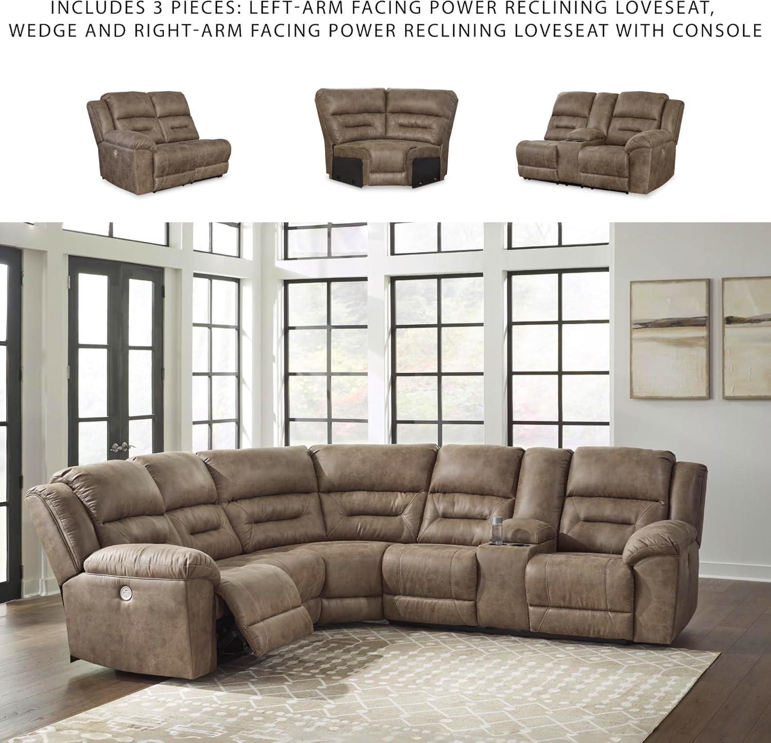 imageSignature Design by Ashley Ravenel Contemporary Faux Leather LeftArm Facing 3Piece Power Reclining Sectional with Armrest Storage and USB Port Dark Brown