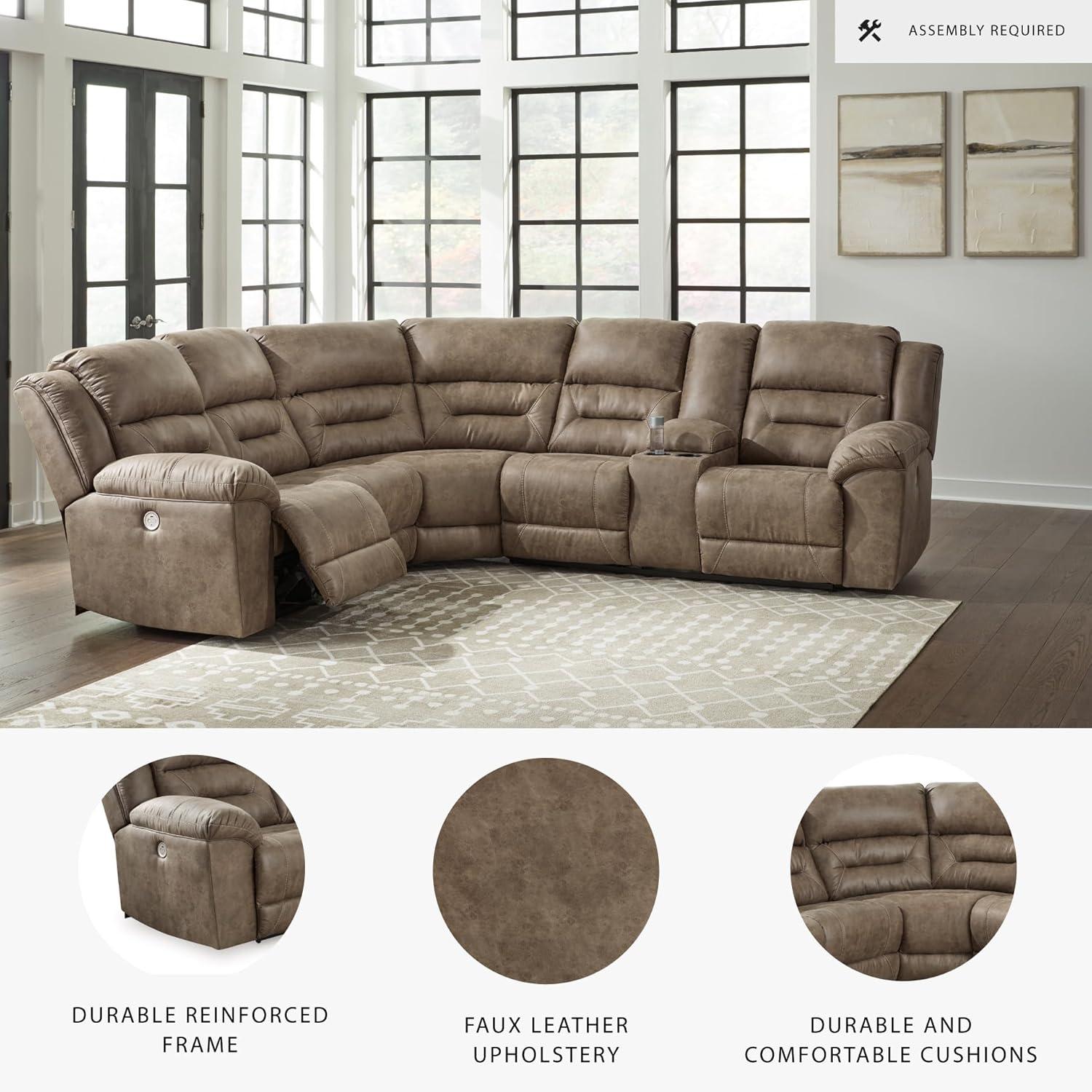 imageSignature Design by Ashley Ravenel Contemporary Faux Leather LeftArm Facing 3Piece Power Reclining Sectional with Armrest Storage and USB Port Dark Brown