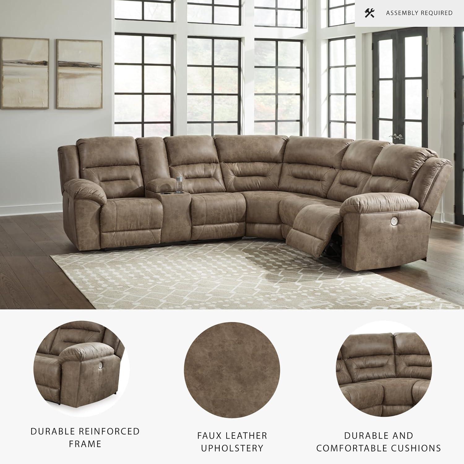 imageSignature Design by Ashley Ravenel Contemporary Faux Leather RightArm Facing 3Piece Power Reclining Sectional with Armrest Storage and USB Port Dark Brown