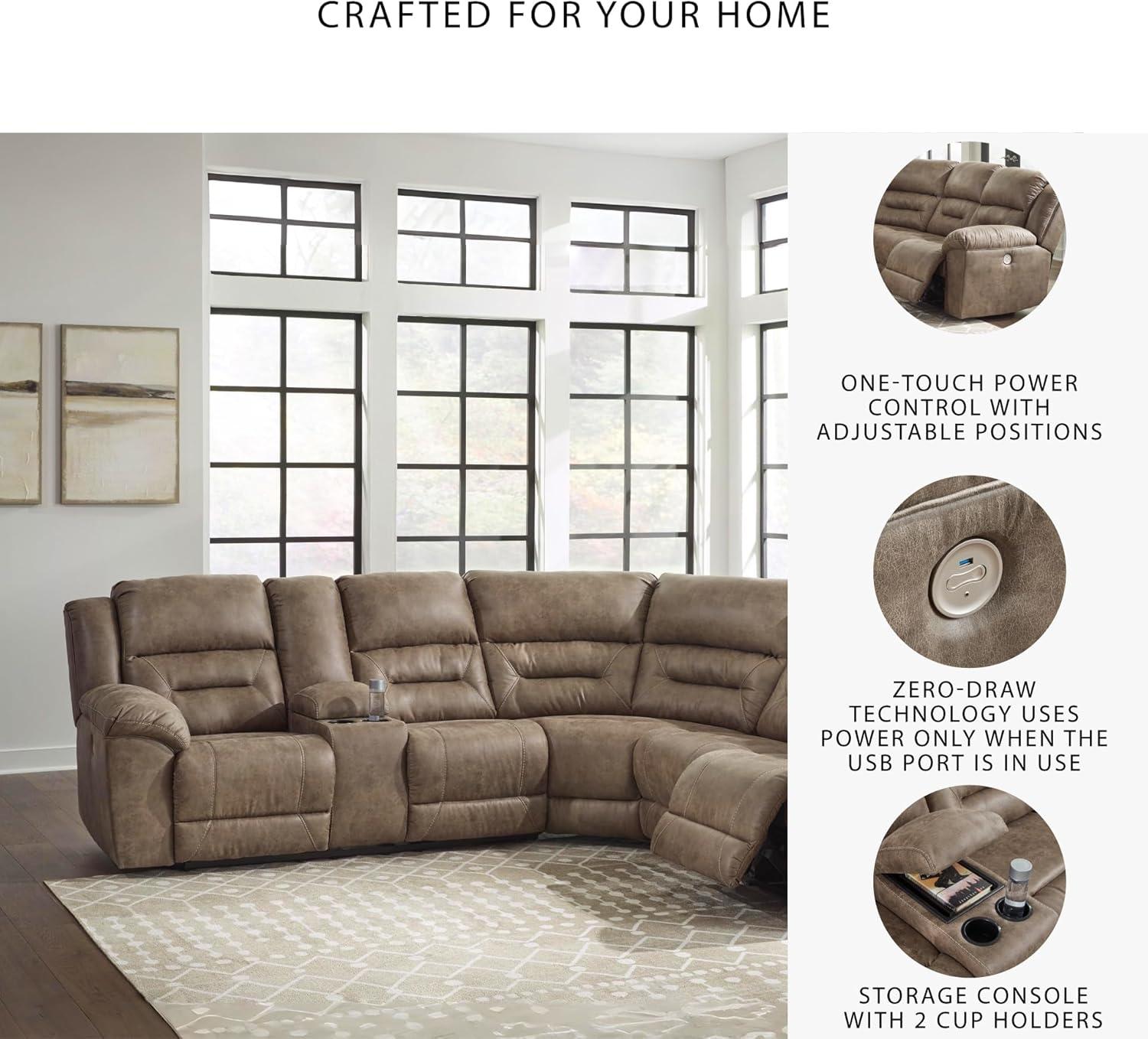 imageSignature Design by Ashley Ravenel Contemporary Faux Leather RightArm Facing 3Piece Power Reclining Sectional with Armrest Storage and USB Port Dark Brown