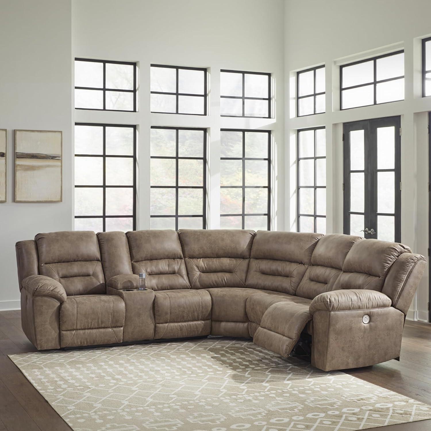 imageSignature Design by Ashley Ravenel Contemporary Faux Leather RightArm Facing 3Piece Power Reclining Sectional with Armrest Storage and USB Port Dark Brown
