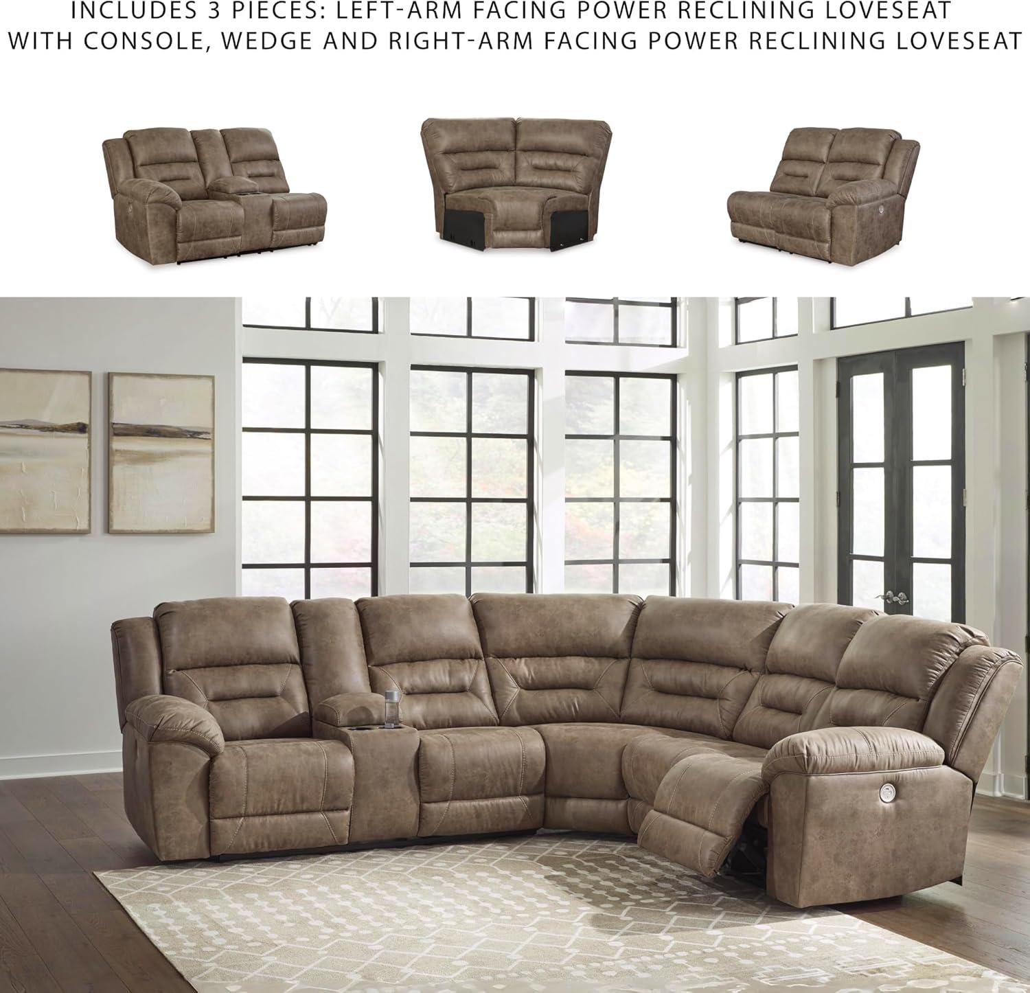imageSignature Design by Ashley Ravenel Contemporary Faux Leather RightArm Facing 3Piece Power Reclining Sectional with Armrest Storage and USB Port Dark Brown