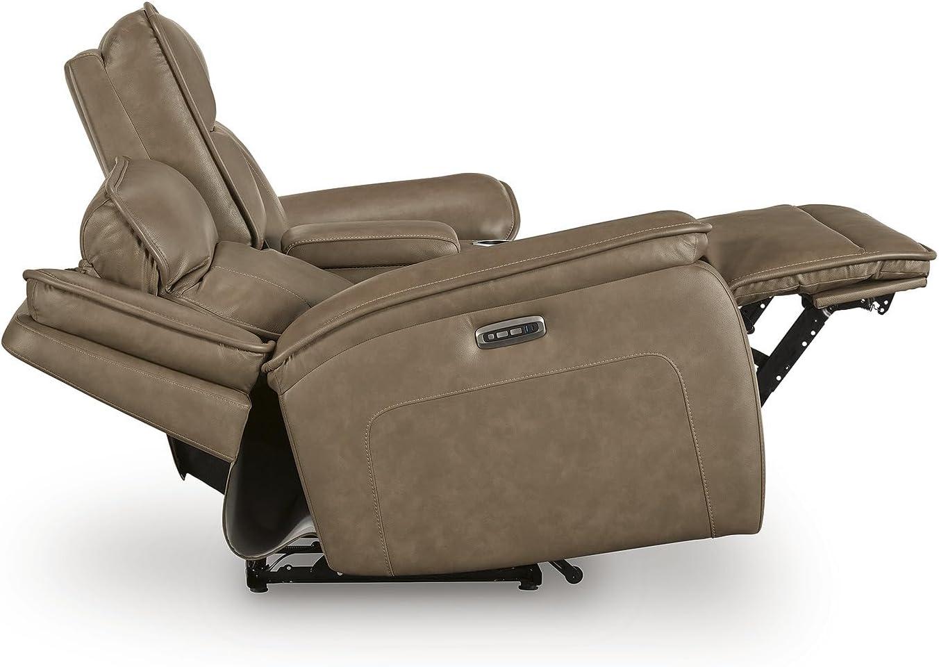 imageSignature Design by Ashley Rondelay Modern Leather Match Power Reclining Loveseat with Console USB Charging Ports and Adjustable Headrest Dark Brown