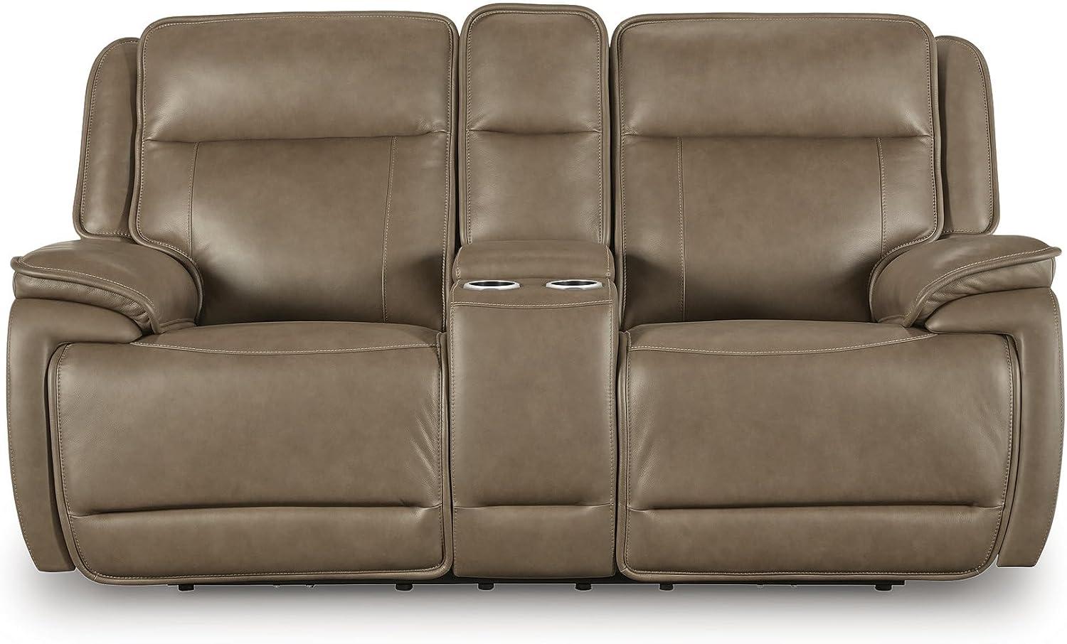 imageSignature Design by Ashley Rondelay Modern Leather Match Power Reclining Loveseat with Console USB Charging Ports and Adjustable Headrest Dark Brown