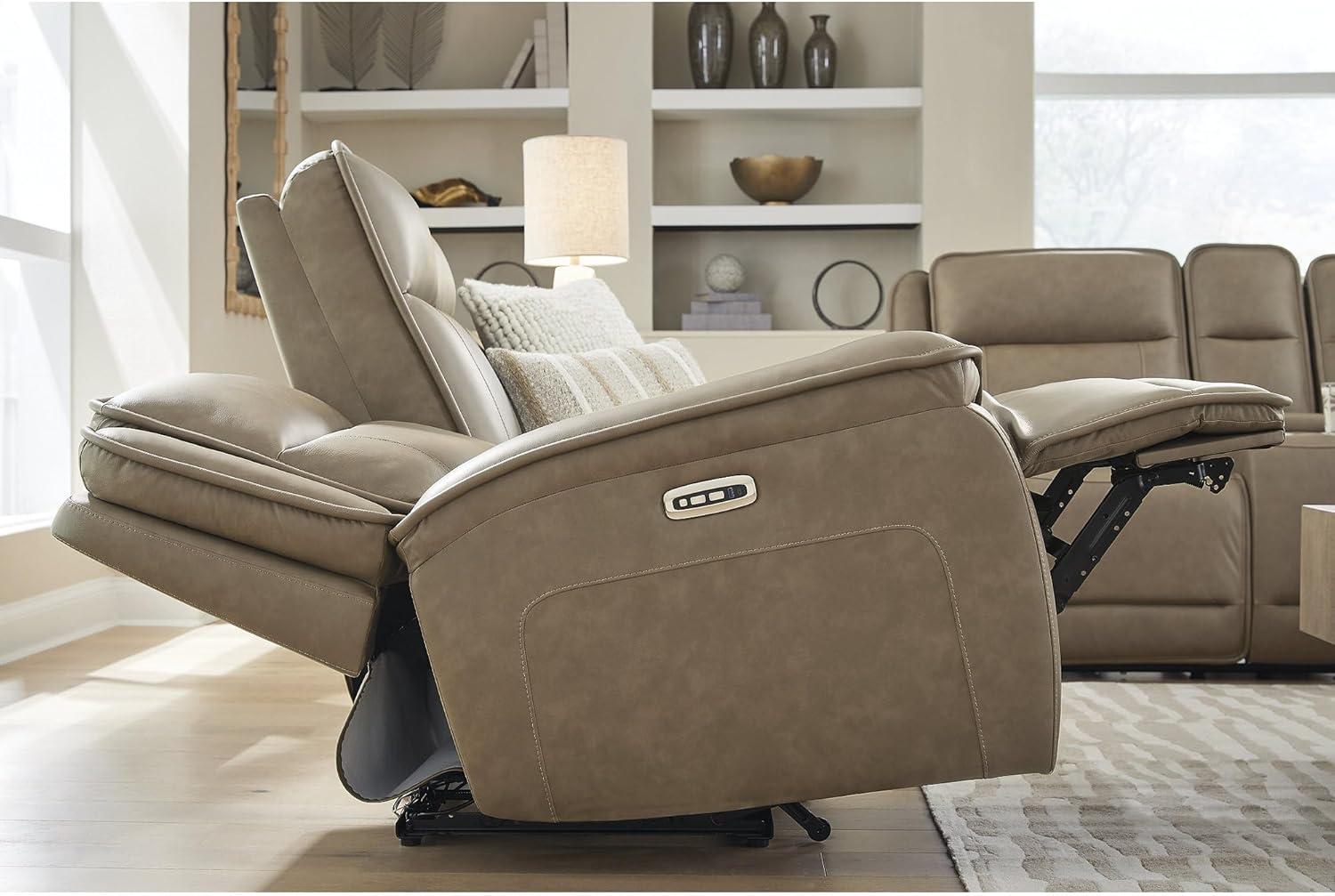 imageSignature Design by Ashley Rondelay Modern Leather Match Power Reclining Loveseat with Console USB Charging Ports and Adjustable Headrest Dark Brown