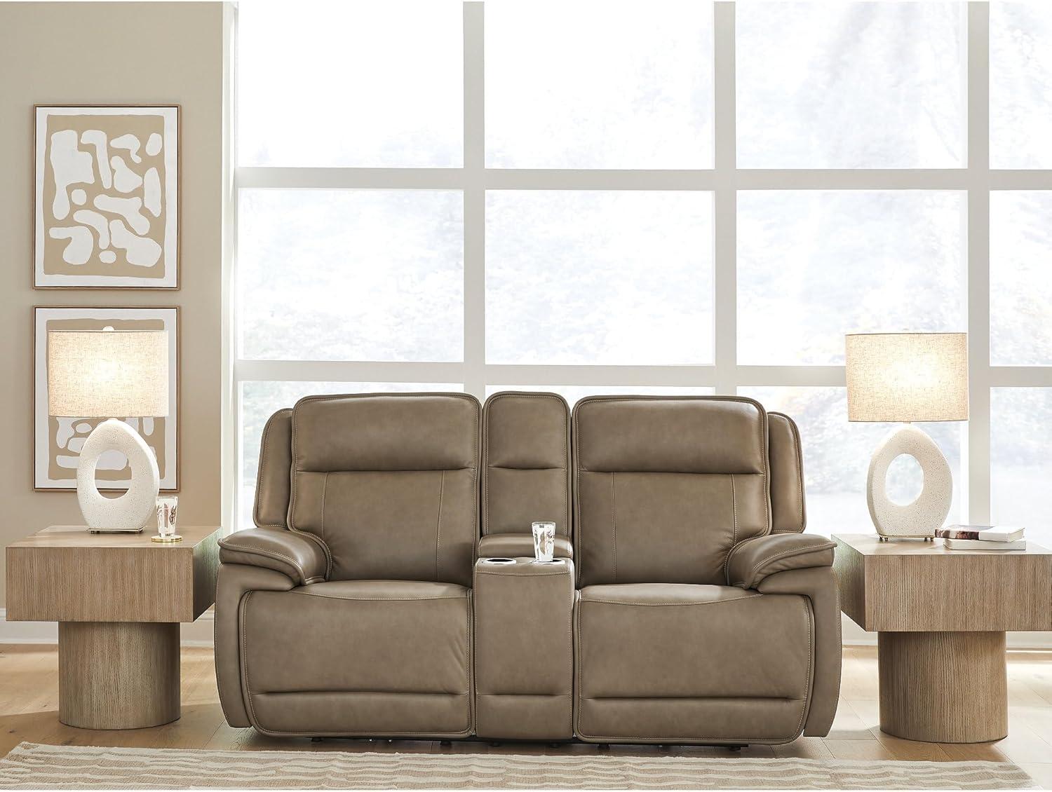 imageSignature Design by Ashley Rondelay Modern Leather Match Power Reclining Loveseat with Console USB Charging Ports and Adjustable Headrest Dark Brown
