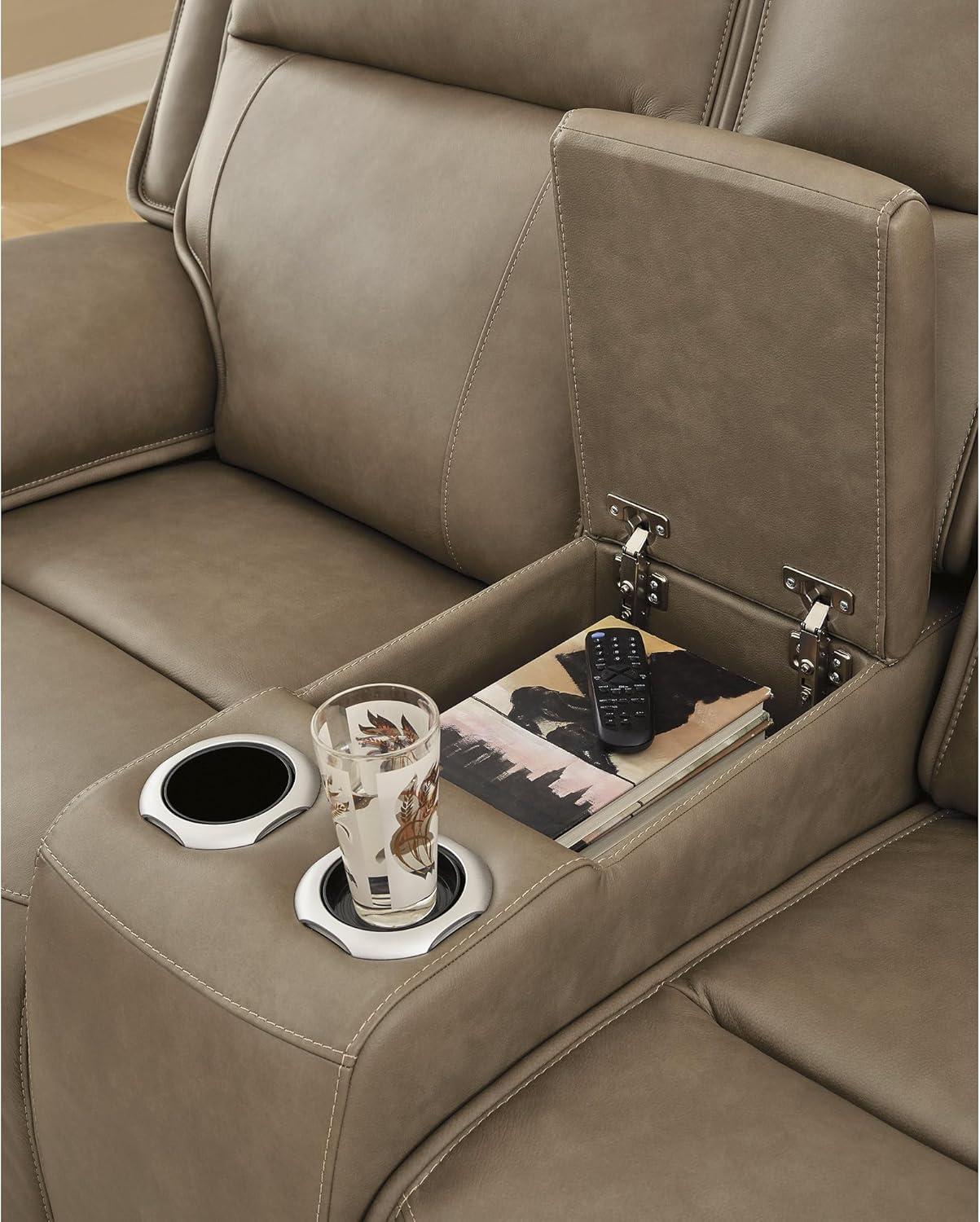 imageSignature Design by Ashley Rondelay Modern Leather Match Power Reclining Loveseat with Console USB Charging Ports and Adjustable Headrest Dark Brown