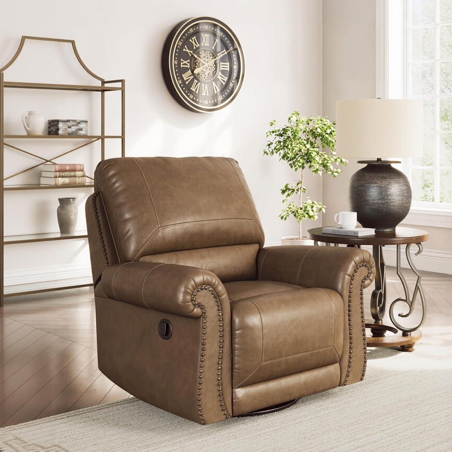 imageSignature Design by Ashley Shadsburne Classic Faux Leather Manual Rocker Swivel Glider Recliner with Nailhead Trim BrownEarth