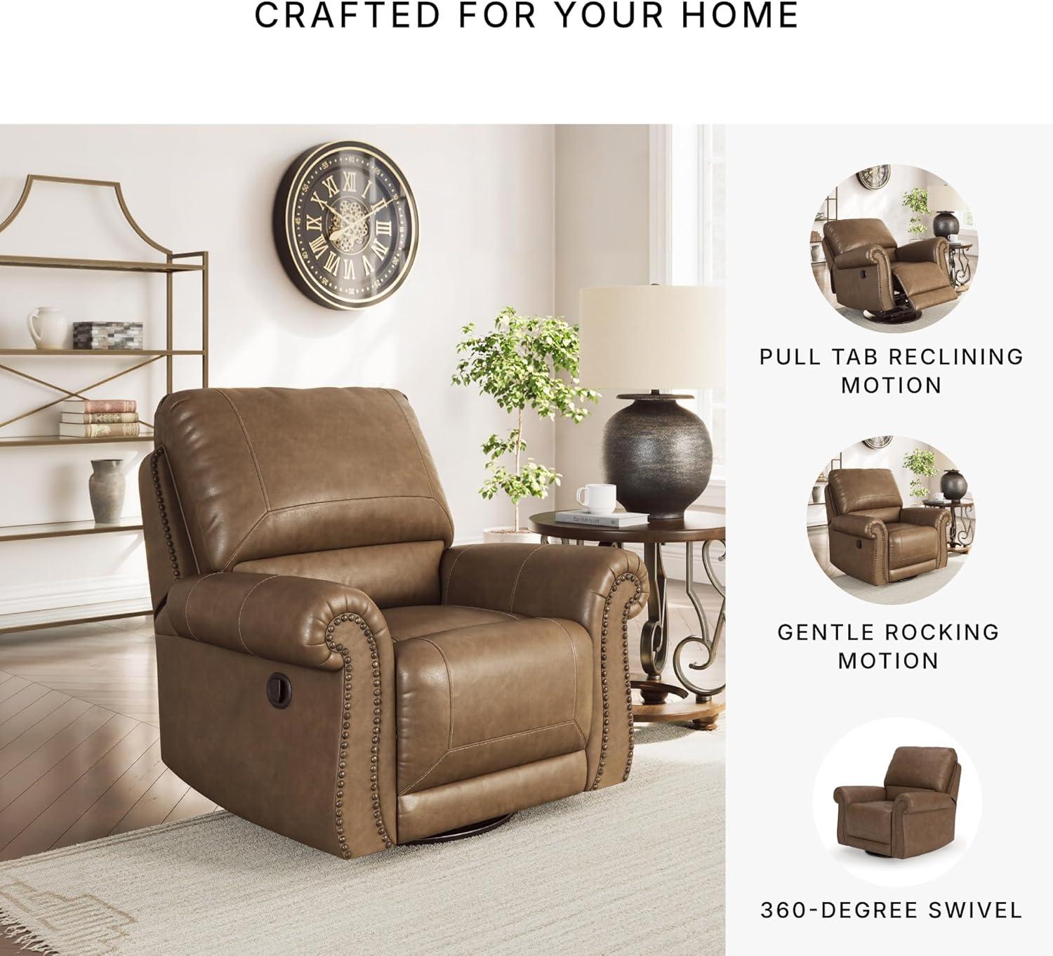 imageSignature Design by Ashley Shadsburne Classic Faux Leather Manual Rocker Swivel Glider Recliner with Nailhead Trim BrownEarth