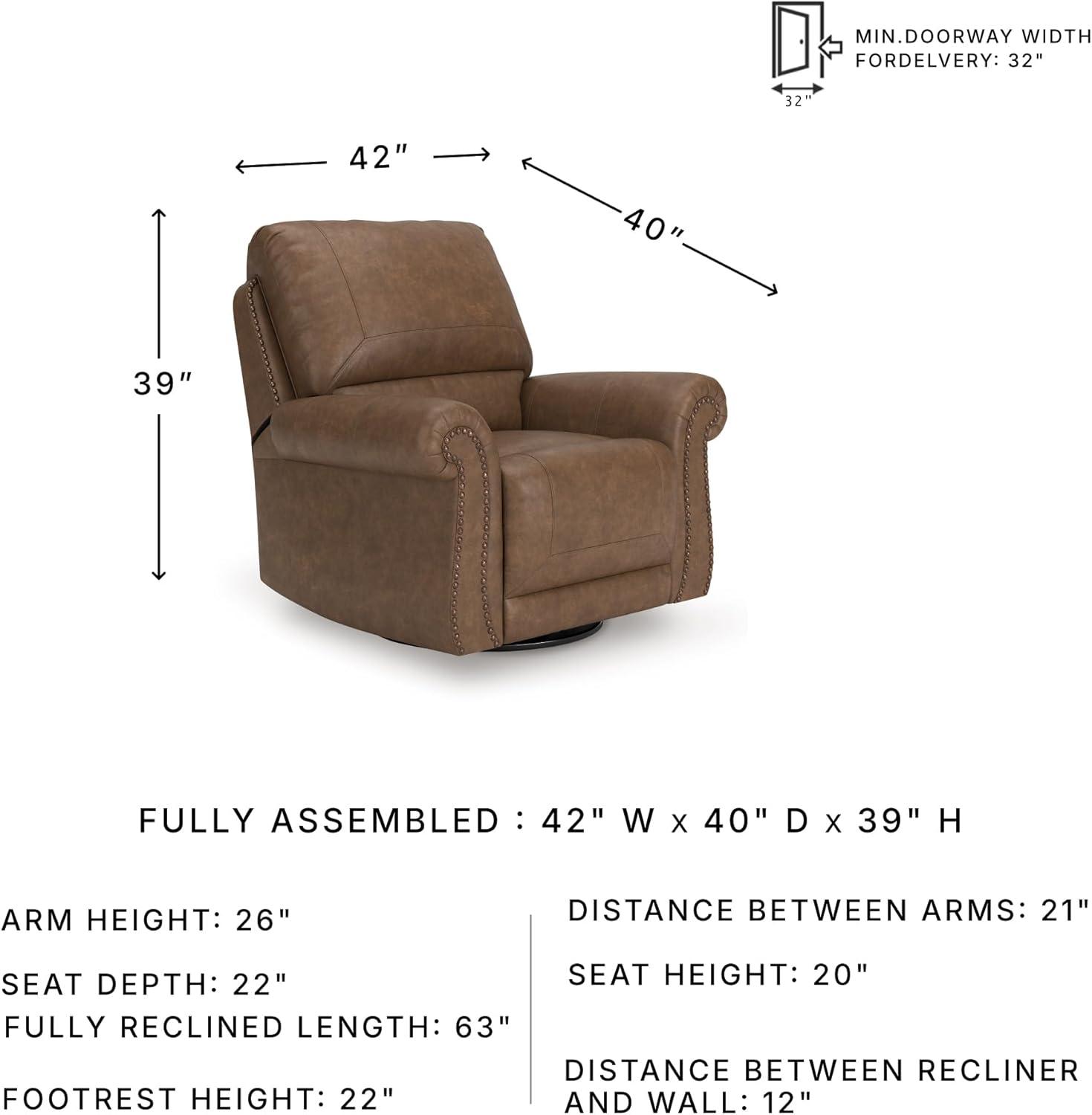 imageSignature Design by Ashley Shadsburne Classic Faux Leather Manual Rocker Swivel Glider Recliner with Nailhead Trim BrownEarth