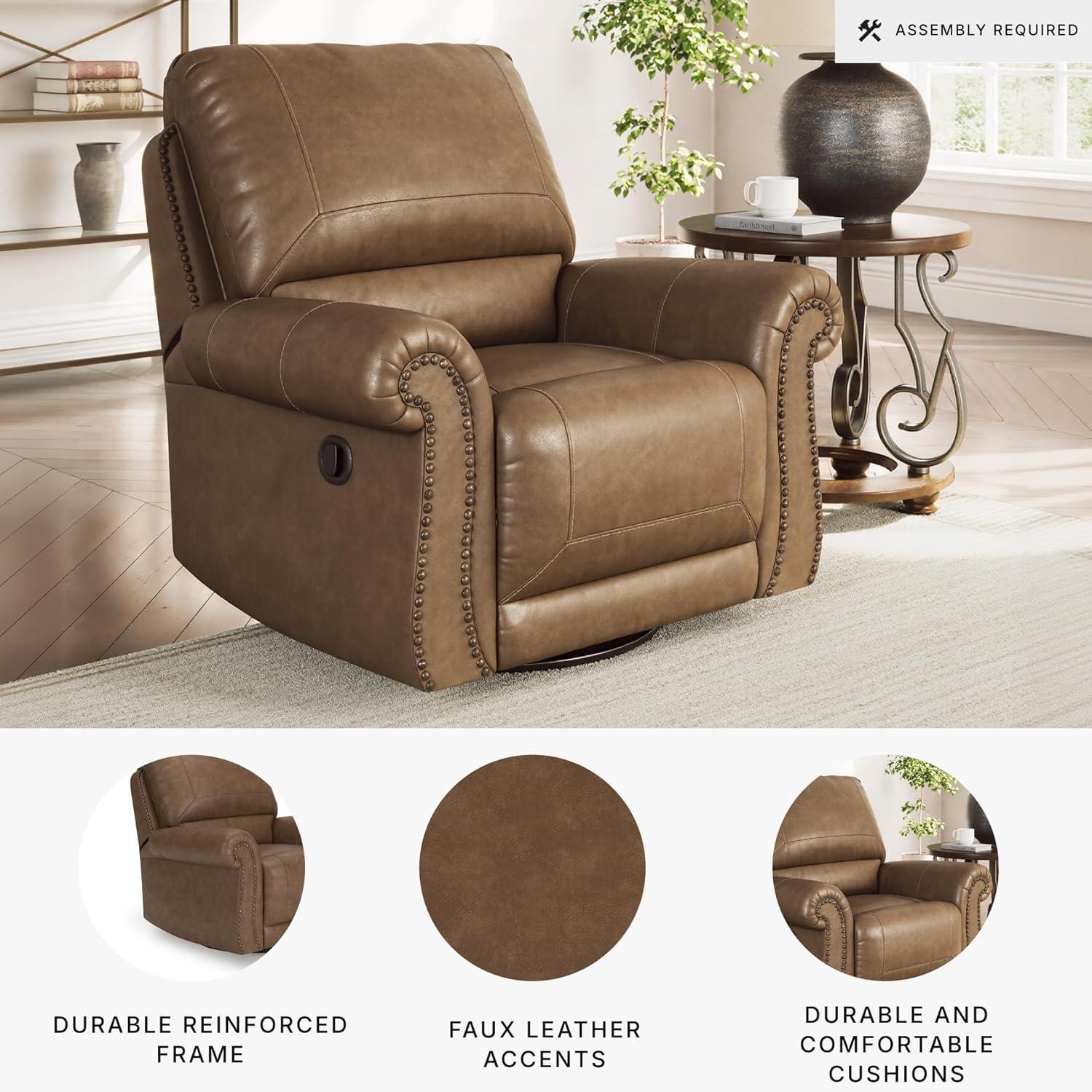 imageSignature Design by Ashley Shadsburne Classic Faux Leather Manual Rocker Swivel Glider Recliner with Nailhead Trim BrownEarth