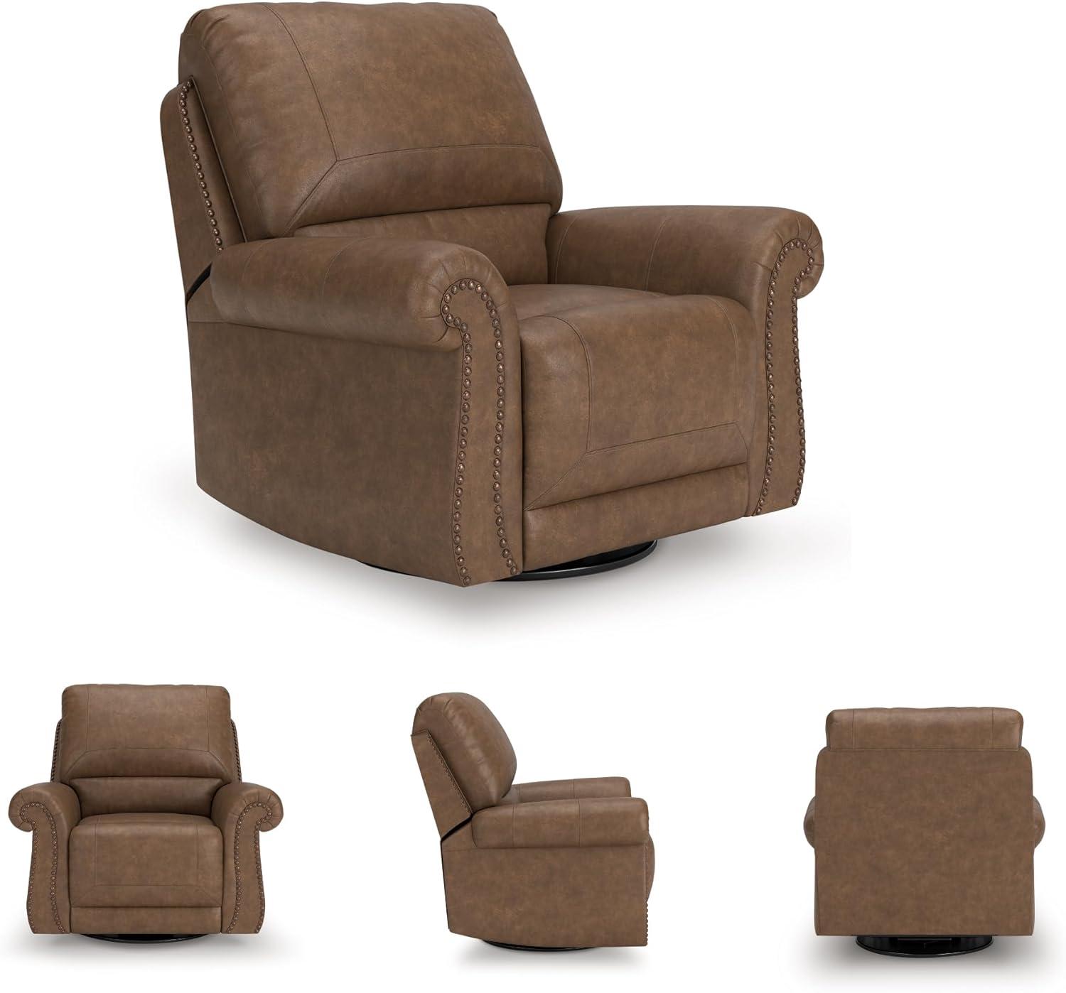 imageSignature Design by Ashley Shadsburne Classic Faux Leather Manual Rocker Swivel Glider Recliner with Nailhead Trim BrownEarth