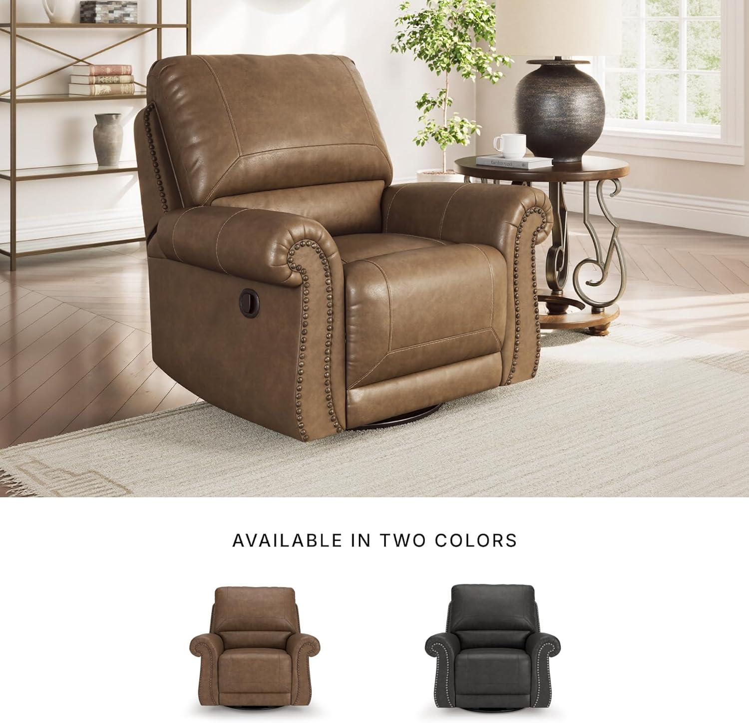 imageSignature Design by Ashley Shadsburne Classic Faux Leather Manual Rocker Swivel Glider Recliner with Nailhead Trim BrownEarth