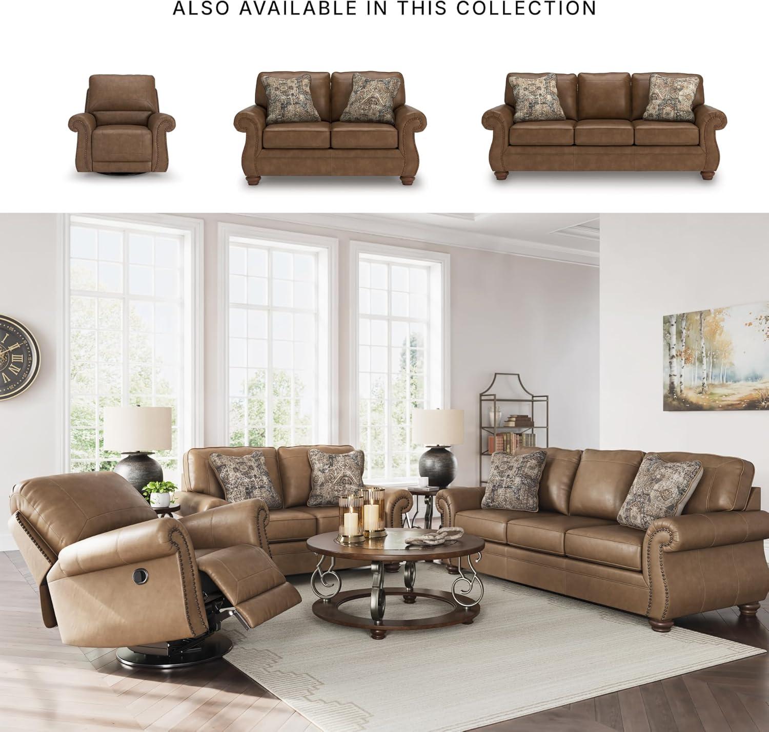 imageSignature Design by Ashley Shadsburne Classic Faux Leather Manual Rocker Swivel Glider Recliner with Nailhead Trim BrownEarth