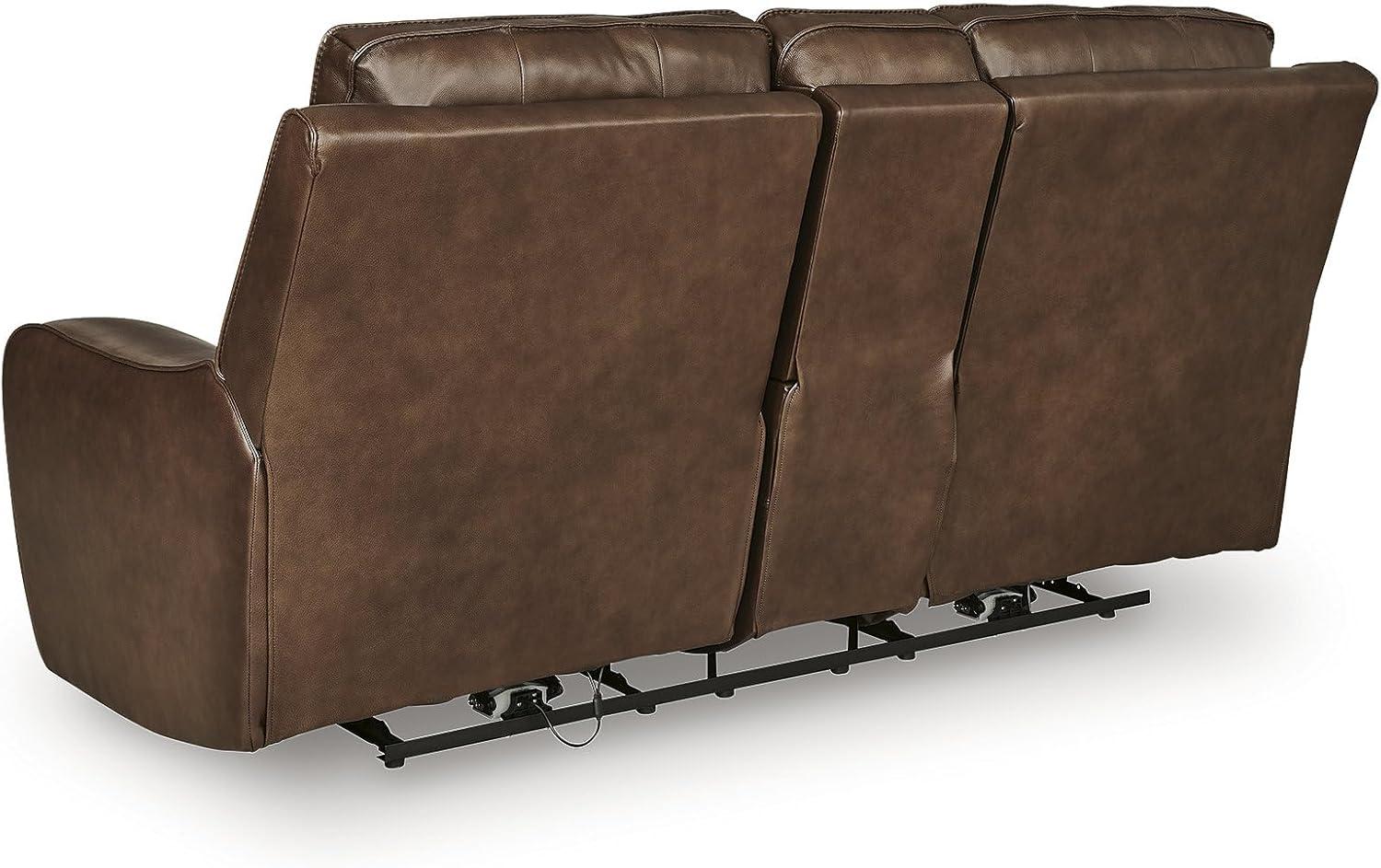 imageSignature Design by Ashley Spear Hill Contemporary Leather Match Power Reclining Loveseat with Console Adjustable Headrest and USB Port Dark Brown