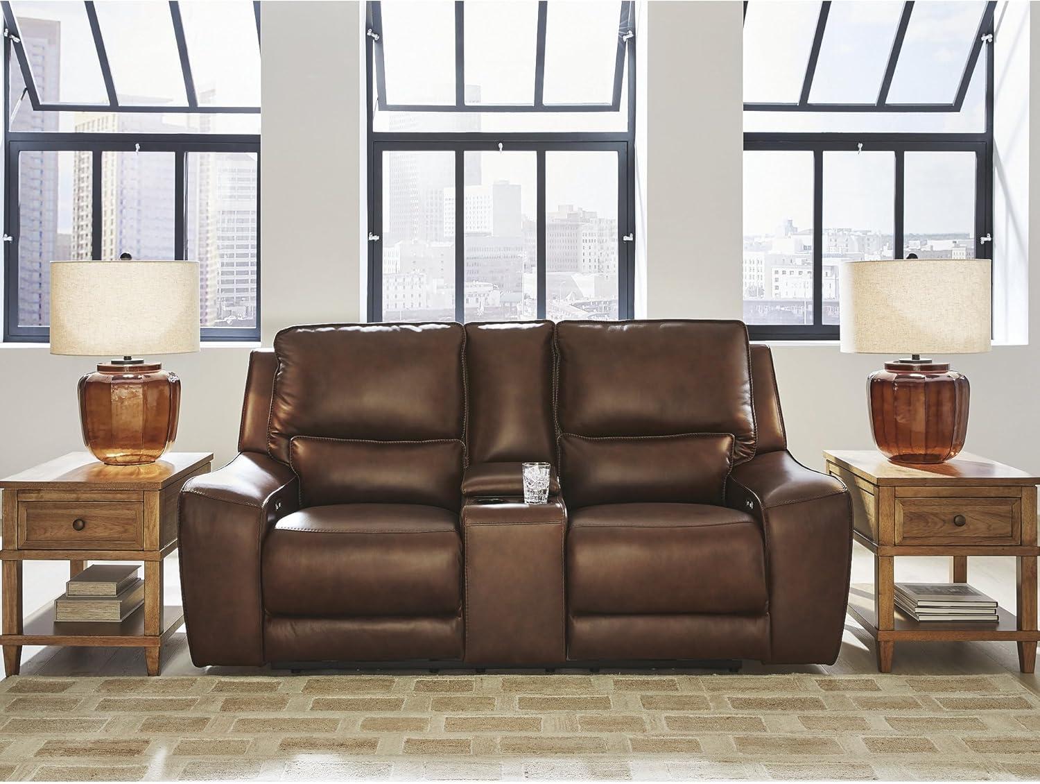 imageSignature Design by Ashley Spear Hill Contemporary Leather Match Power Reclining Loveseat with Console Adjustable Headrest and USB Port Dark Brown