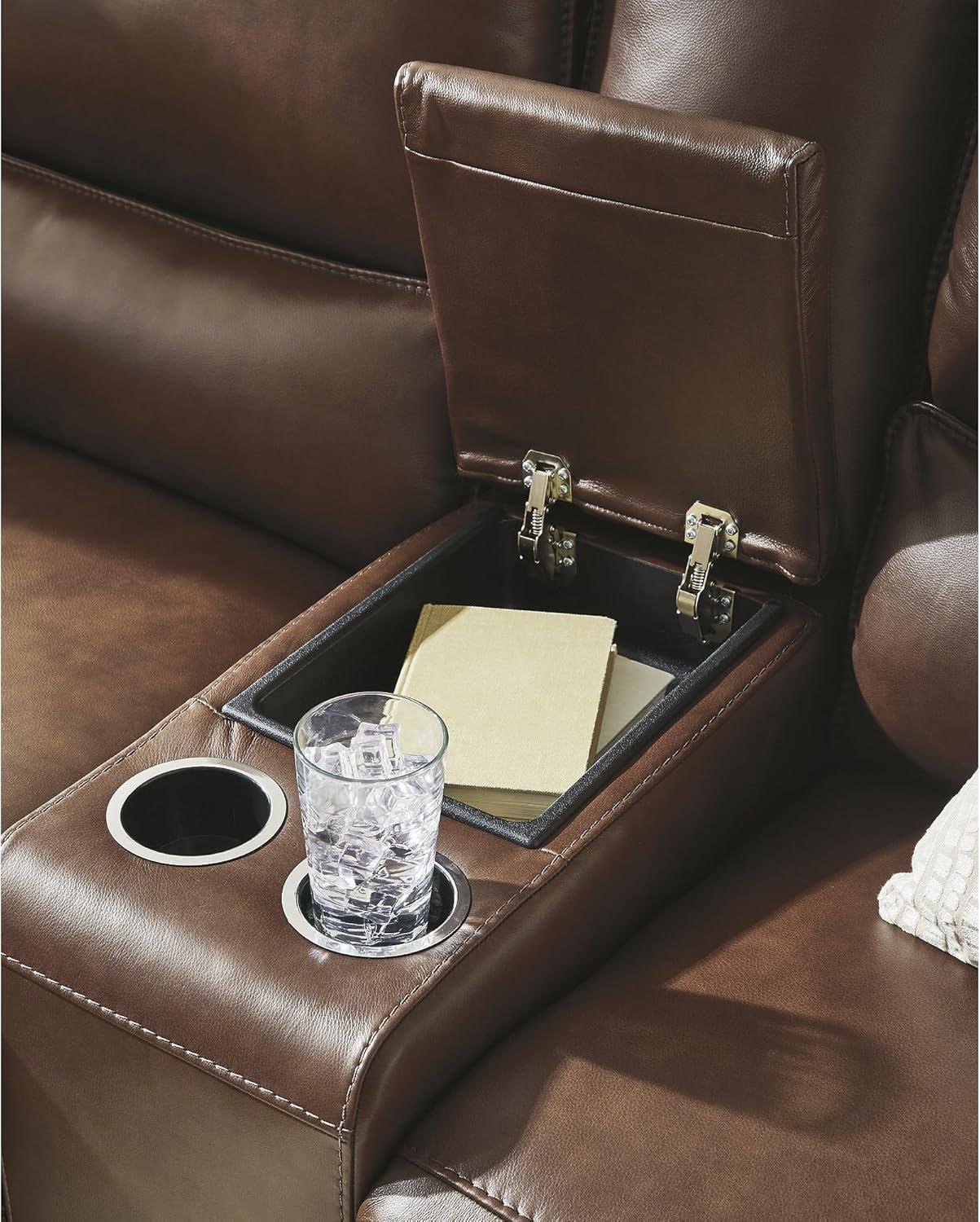 imageSignature Design by Ashley Spear Hill Contemporary Leather Match Power Reclining Loveseat with Console Adjustable Headrest and USB Port Dark Brown
