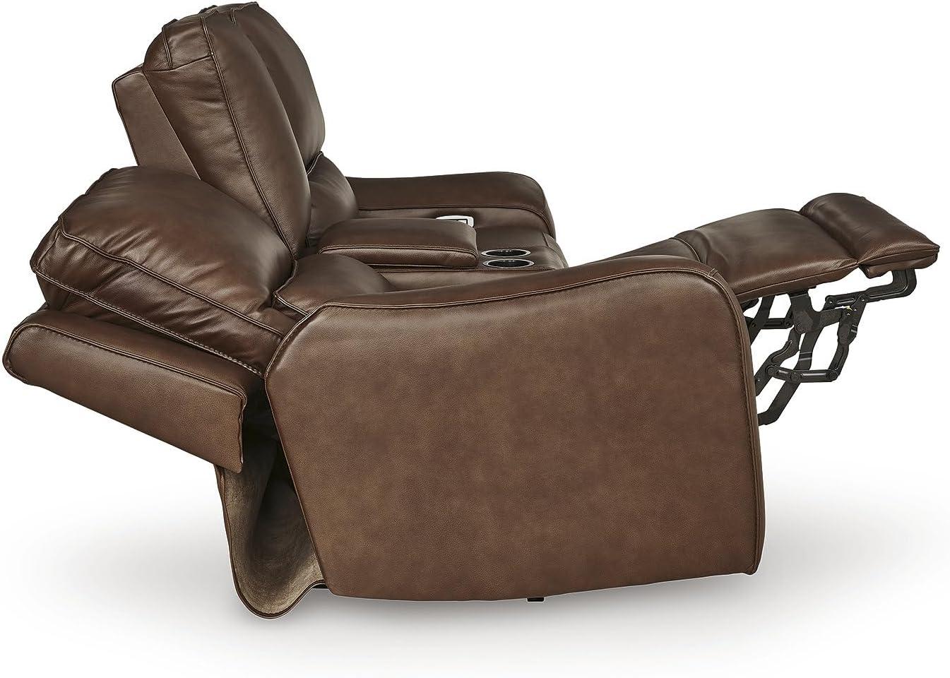 imageSignature Design by Ashley Spear Hill Contemporary Leather Match Power Reclining Loveseat with Console Adjustable Headrest and USB Port Dark Brown