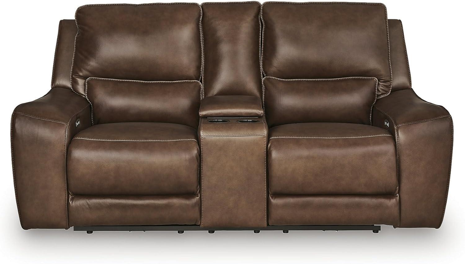 imageSignature Design by Ashley Spear Hill Contemporary Leather Match Power Reclining Loveseat with Console Adjustable Headrest and USB Port Dark Brown
