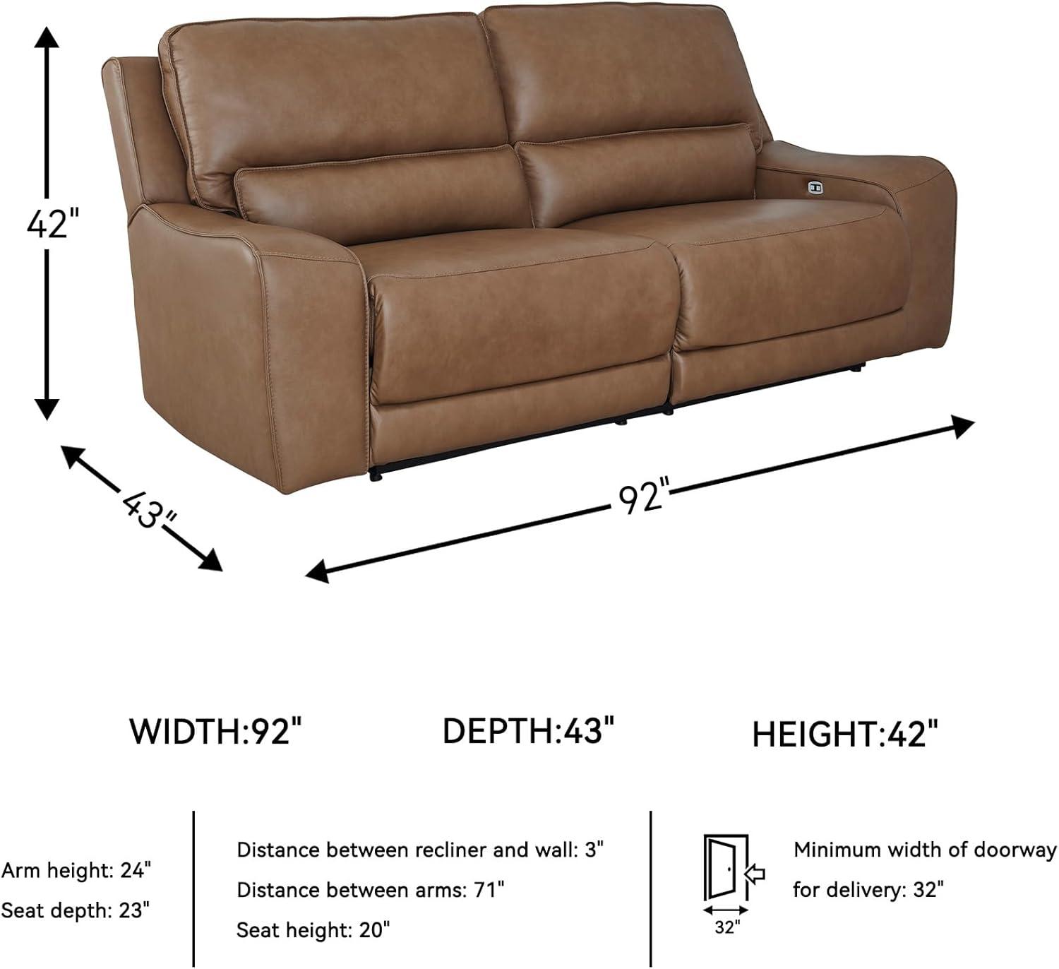 imageSignature Design by Ashley Spear Hill Contemporary Leather Match Power Reclining Sofa with Adjustable Headrest and USB Ports Light Brown
