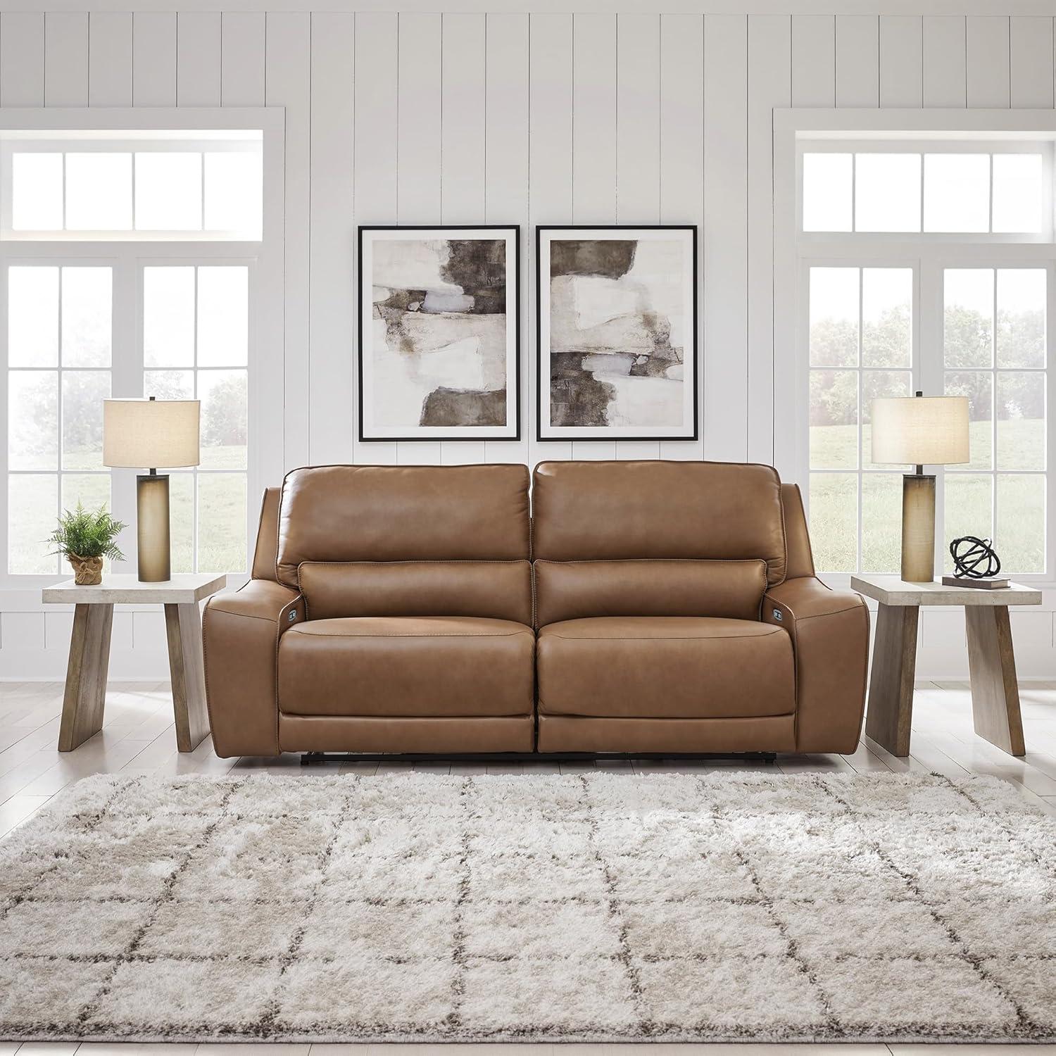 imageSignature Design by Ashley Spear Hill Contemporary Leather Match Power Reclining Sofa with Adjustable Headrest and USB Ports Light Brown