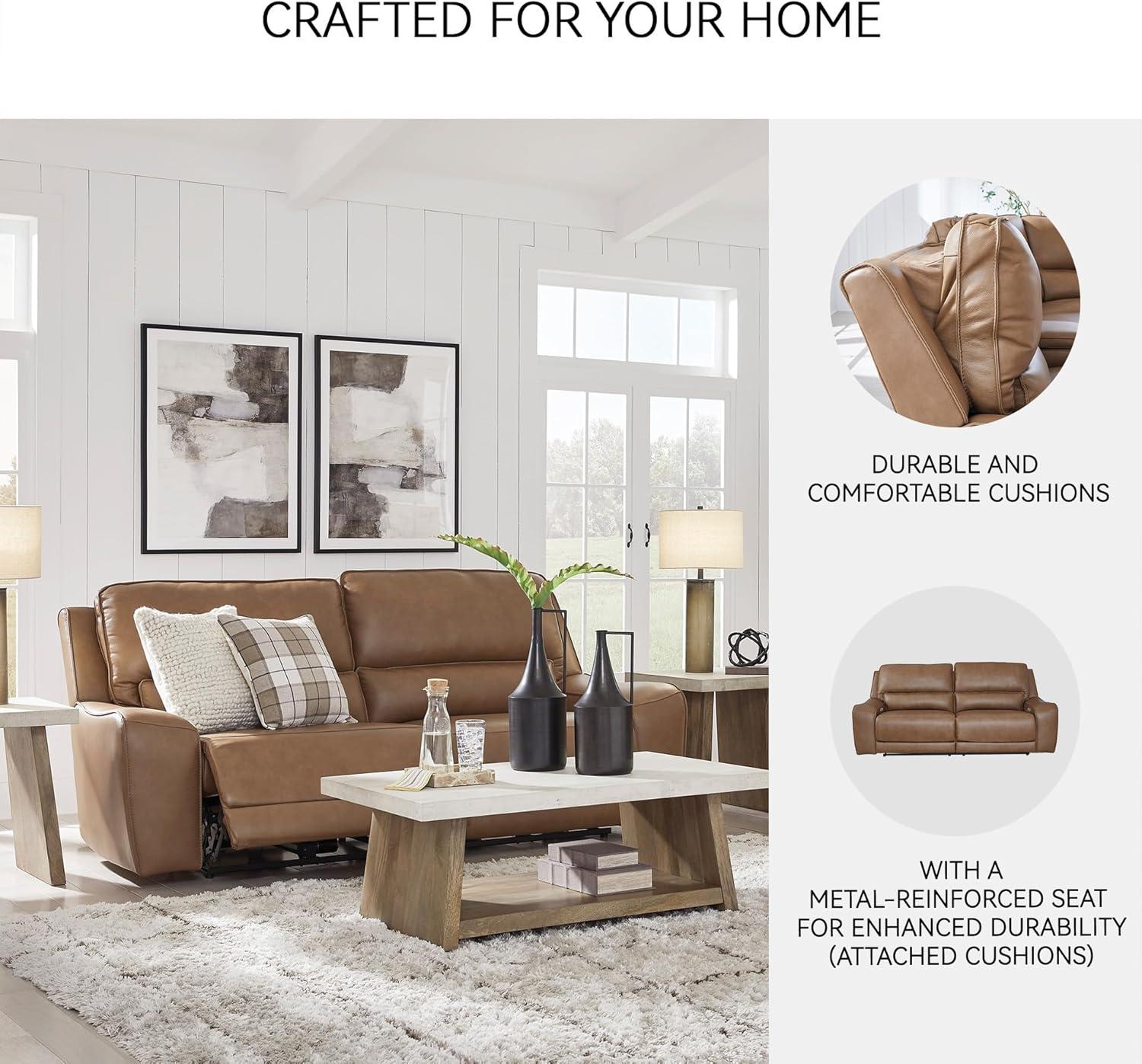 imageSignature Design by Ashley Spear Hill Contemporary Leather Match Power Reclining Sofa with Adjustable Headrest and USB Ports Light Brown