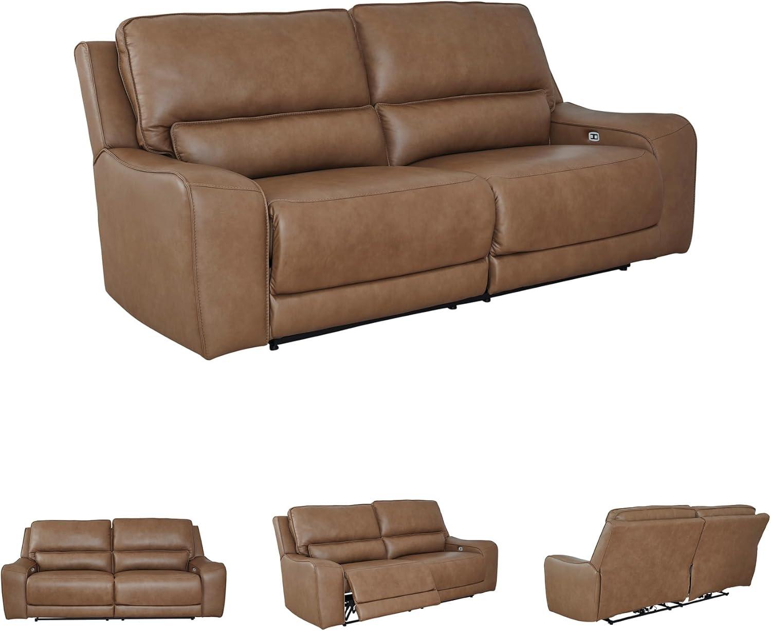 imageSignature Design by Ashley Spear Hill Contemporary Leather Match Power Reclining Sofa with Adjustable Headrest and USB Ports Light Brown