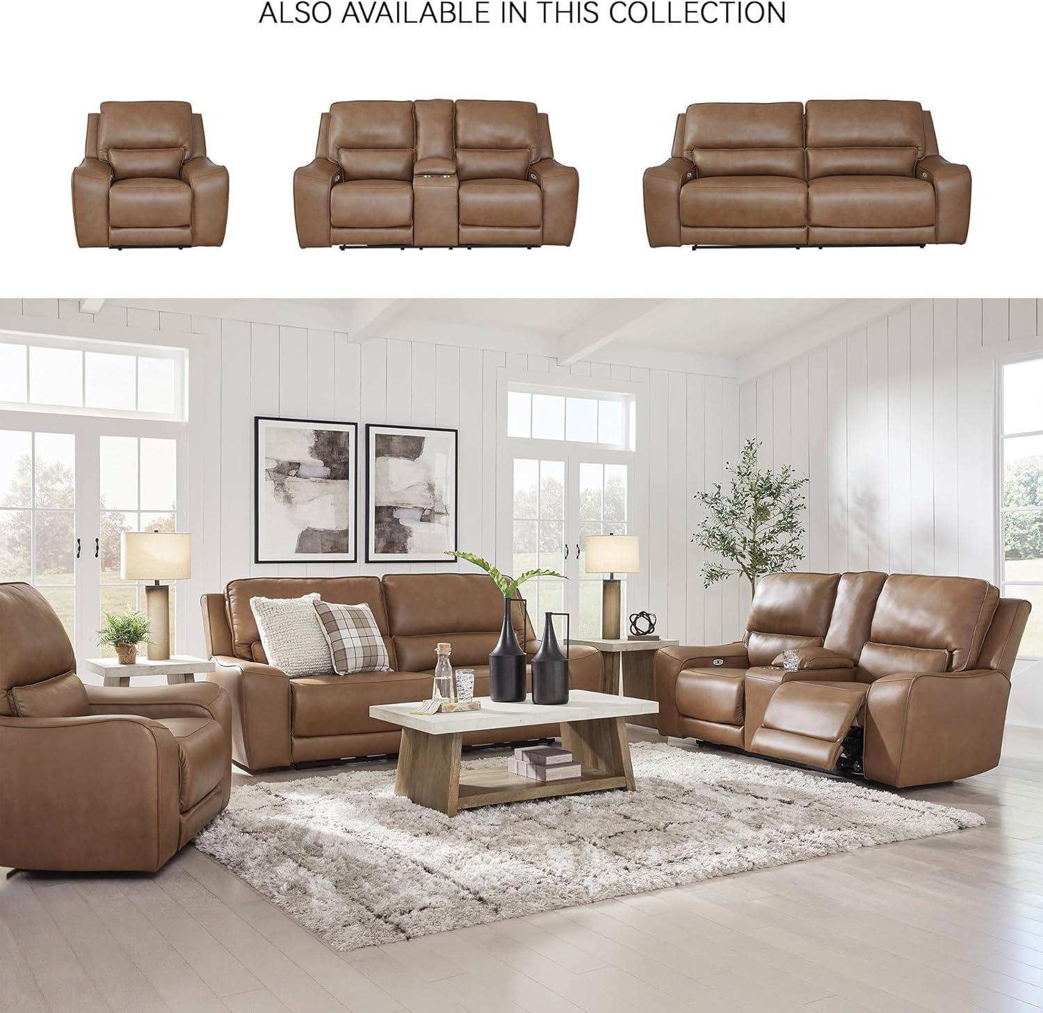 imageSignature Design by Ashley Spear Hill Contemporary Leather Match Power Reclining Sofa with Adjustable Headrest and USB Ports Light Brown