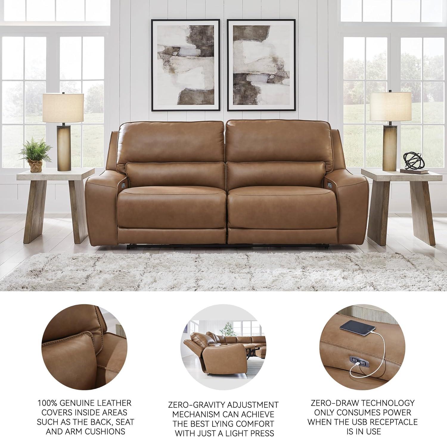 imageSignature Design by Ashley Spear Hill Contemporary Leather Match Power Reclining Sofa with Adjustable Headrest and USB Ports Light Brown