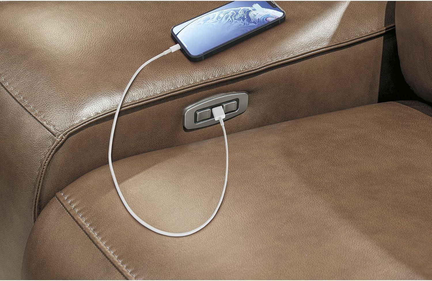 imageSignature Design by Ashley Spear Hill Contemporary Leather Match Power Reclining Sofa with Adjustable Headrest and USB Ports Light Brown