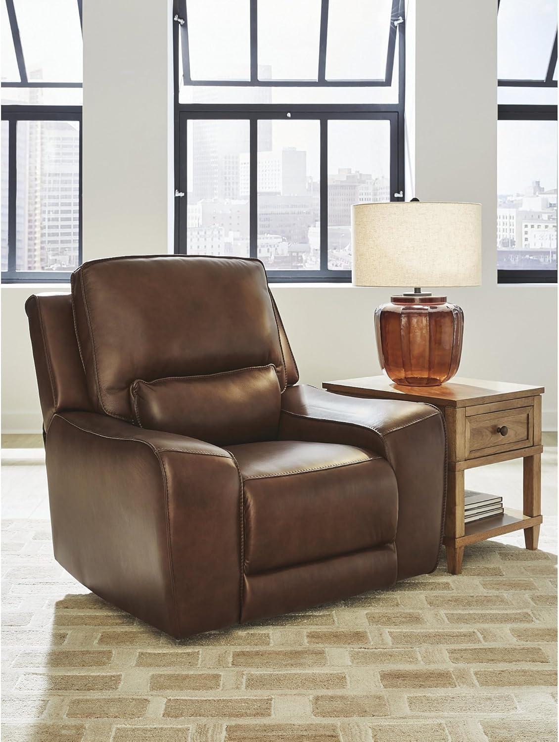 imageSignature Design by Ashley Spear Hill Contemporary Leather Match Upholstered Wall Hugger Power Recliner with Adjustable Headrest Dark Brown