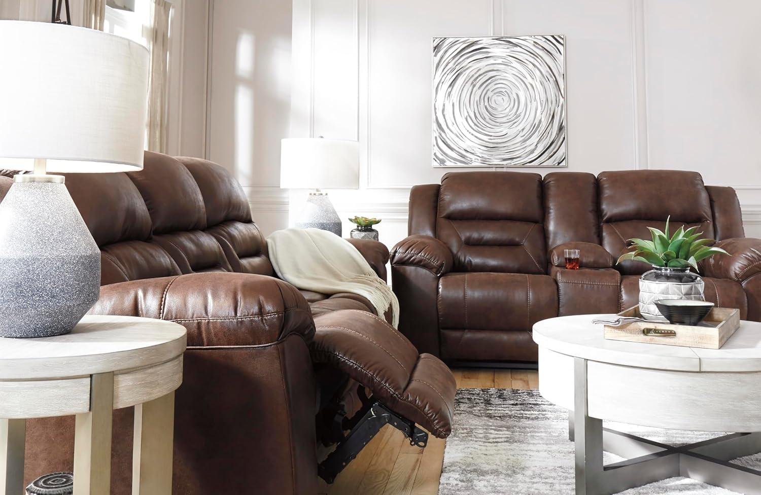 imageSignature Design by Ashley Stoneland Faux Leather Manual Double Reclining Loveseat with Center Console Dark BrownBrown
