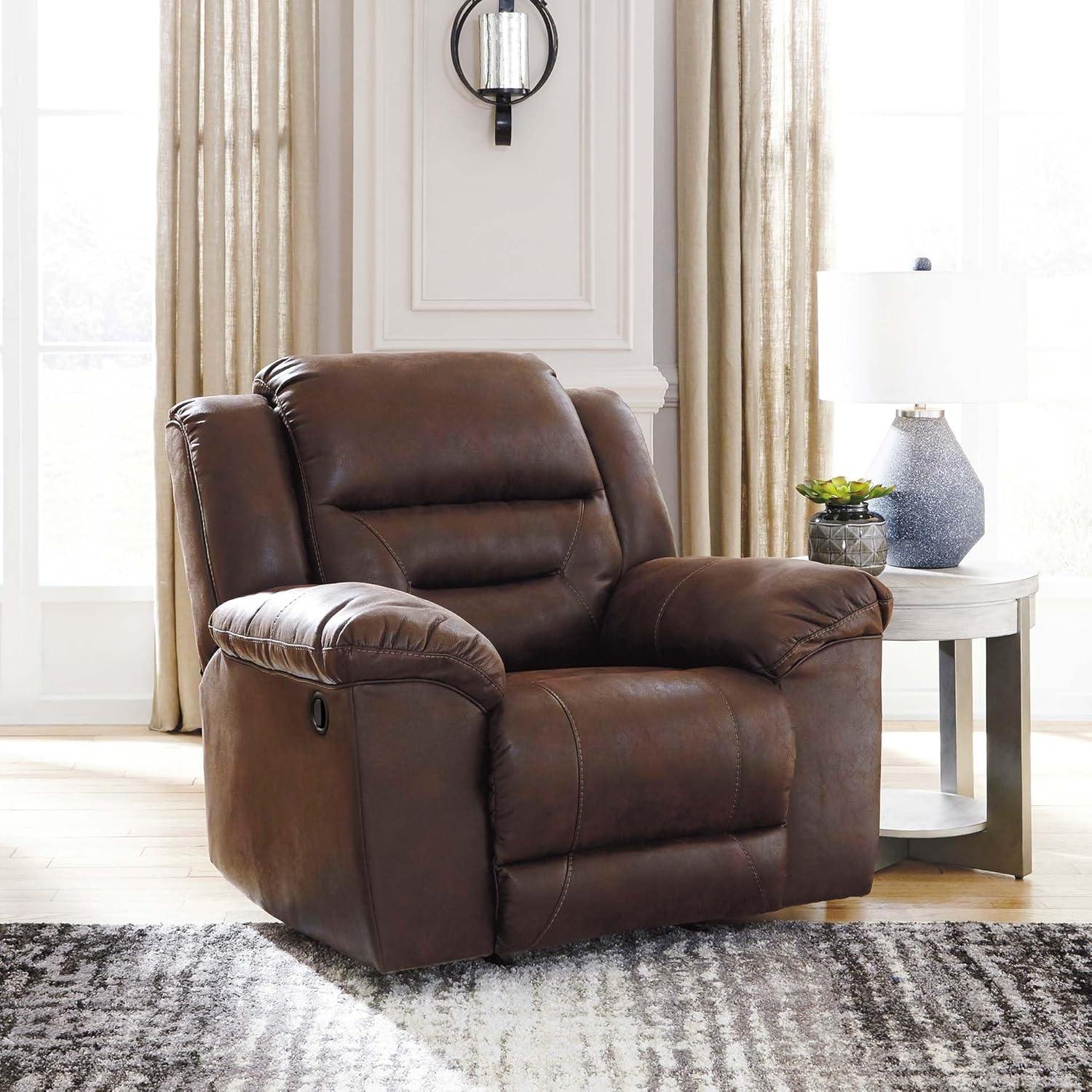 imageSignature Design by Ashley Stoneland Faux Leather Manual Double Reclining Loveseat with Center Console Dark BrownBrown