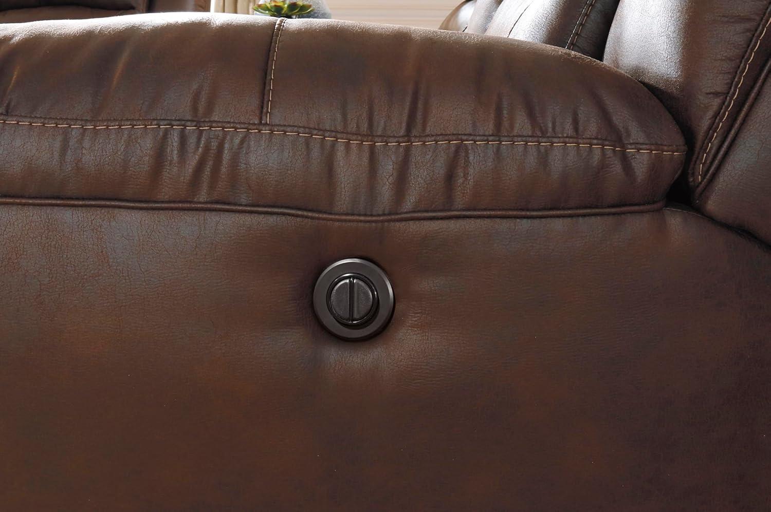 imageSignature Design by Ashley Stoneland Faux Leather Manual Double Reclining Loveseat with Center Console Dark BrownBrown