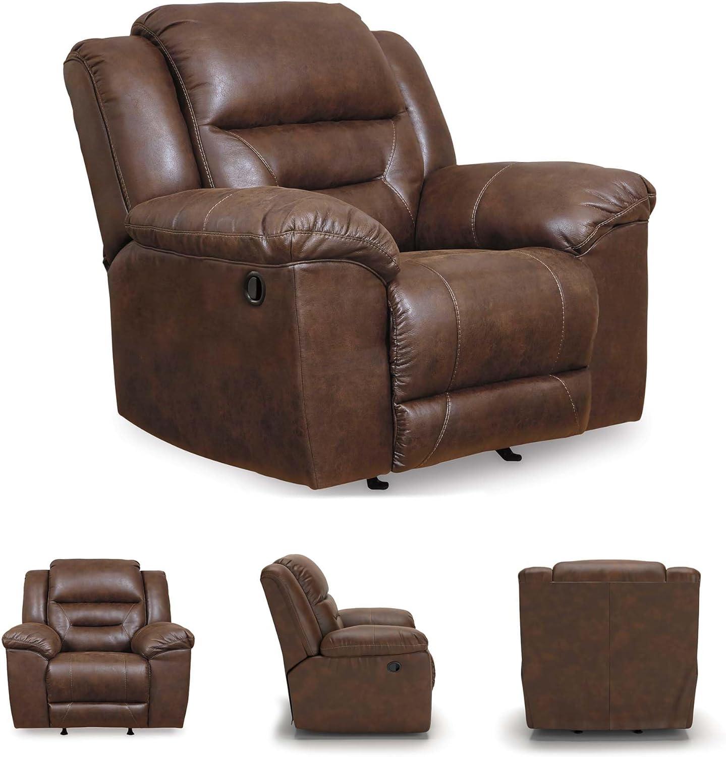 imageSignature Design by Ashley Stoneland Faux Leather Manual Double Reclining Loveseat with Center Console Dark BrownBrown